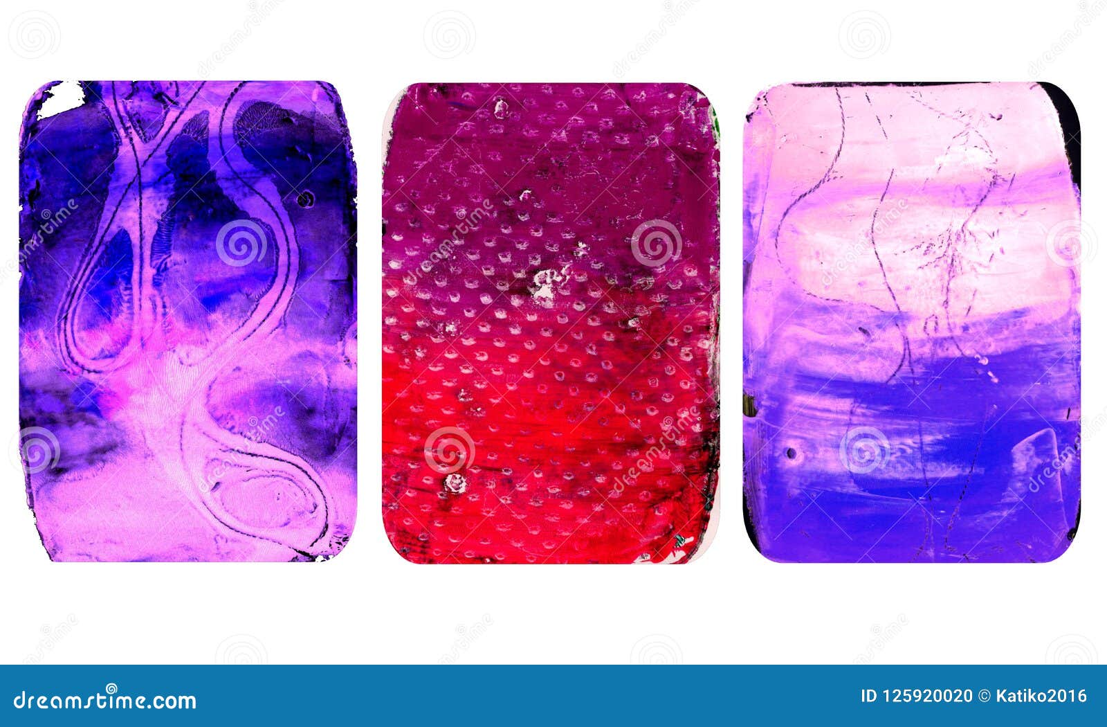 set of bright blurred abstract textures. colorful handmade backgrounds with imprints, stains, scuffed areas.