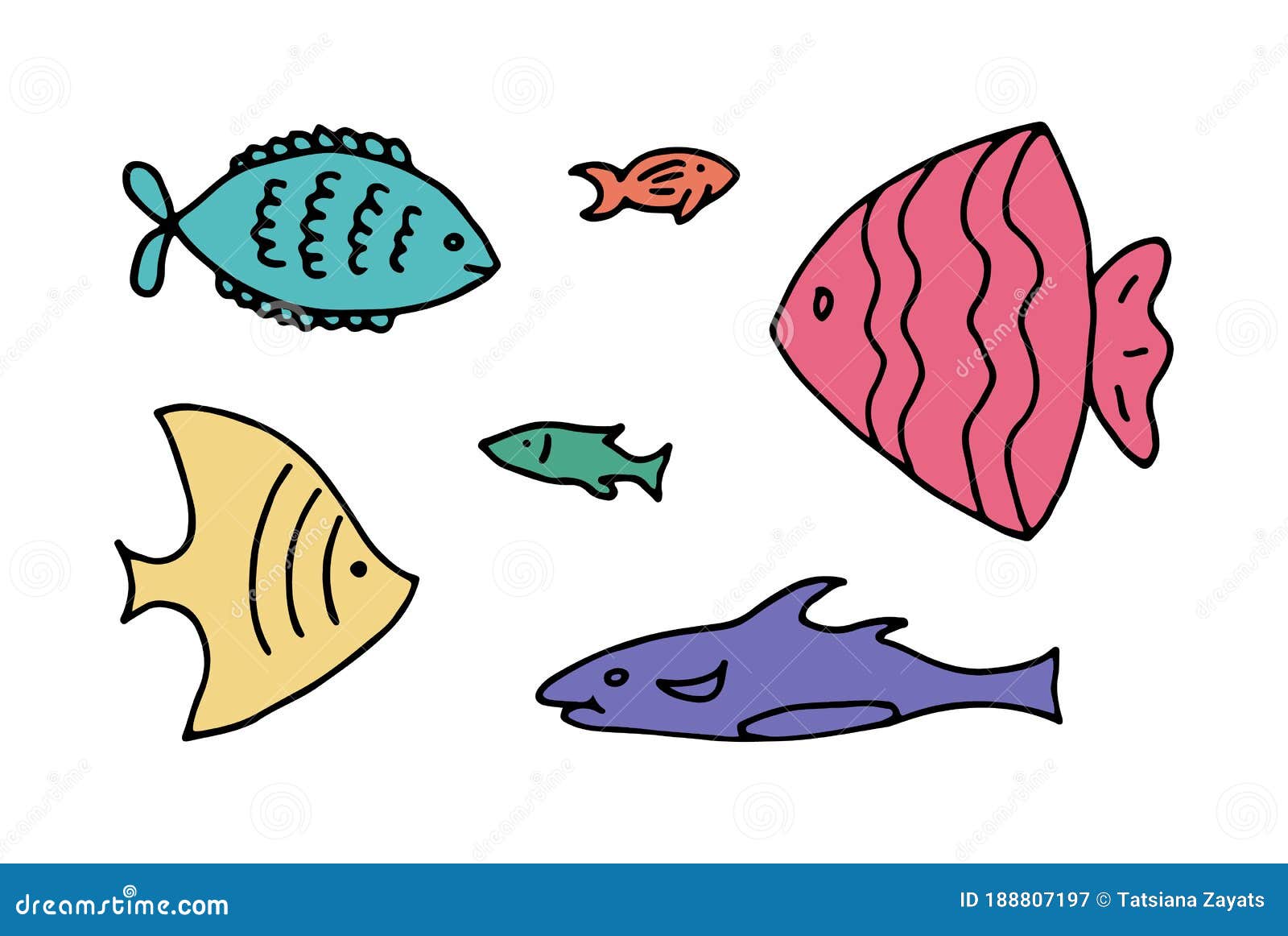 Set of Bright Fish Doodle Line Hand Drawn Vector Illustration Stock