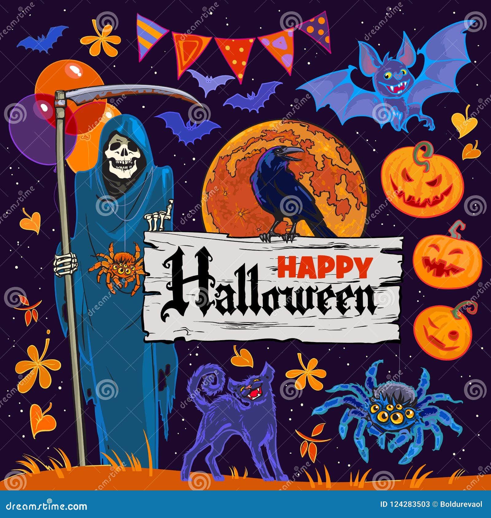 Set of Halloween Cartoon Characters and Objects on Night Sky Background.  Vector. Stock Vector - Illustration of celebration, isolated: 124283503