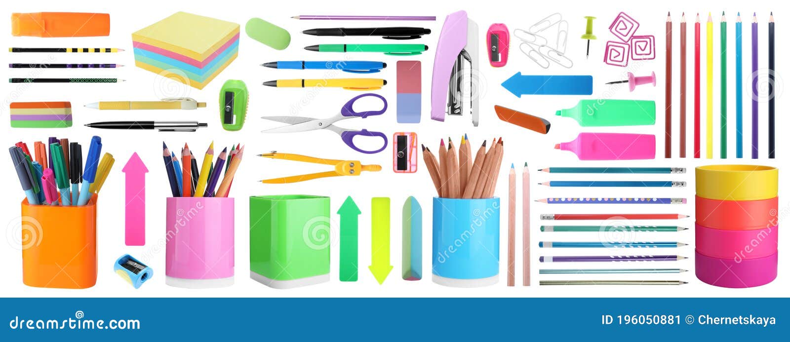 Set of Bright School Stationery on White Background. Banner Design