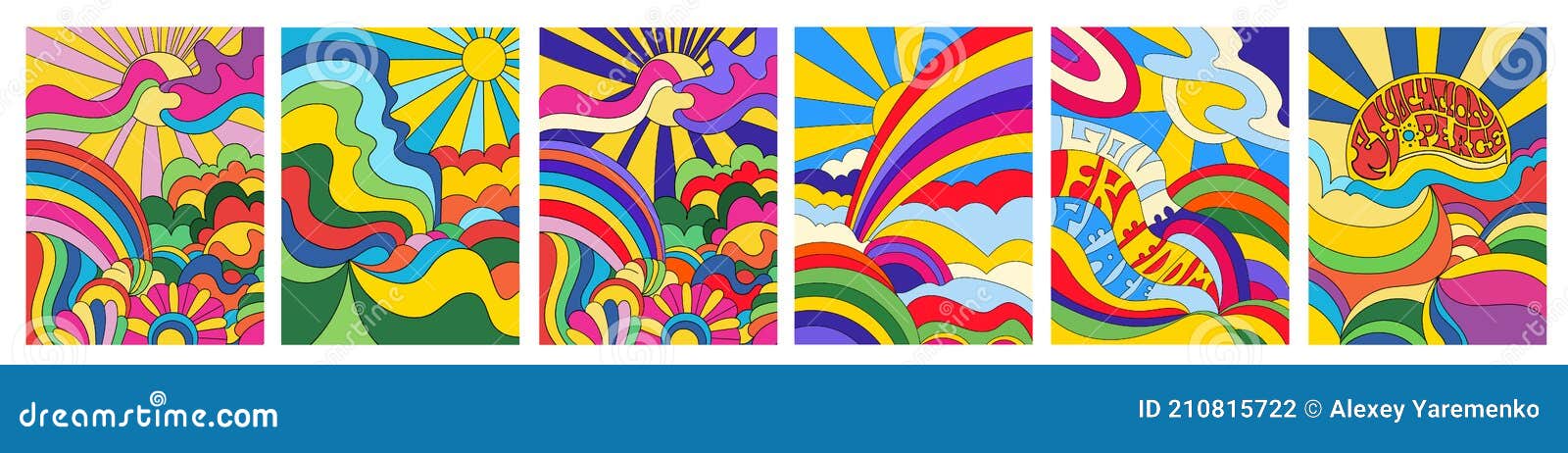 set of 6 brightly colored psychedelic landscapes