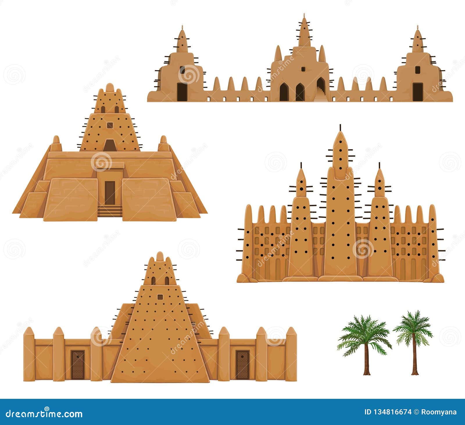 set of buildings african architecture. house, mosque, ancient dwelling.