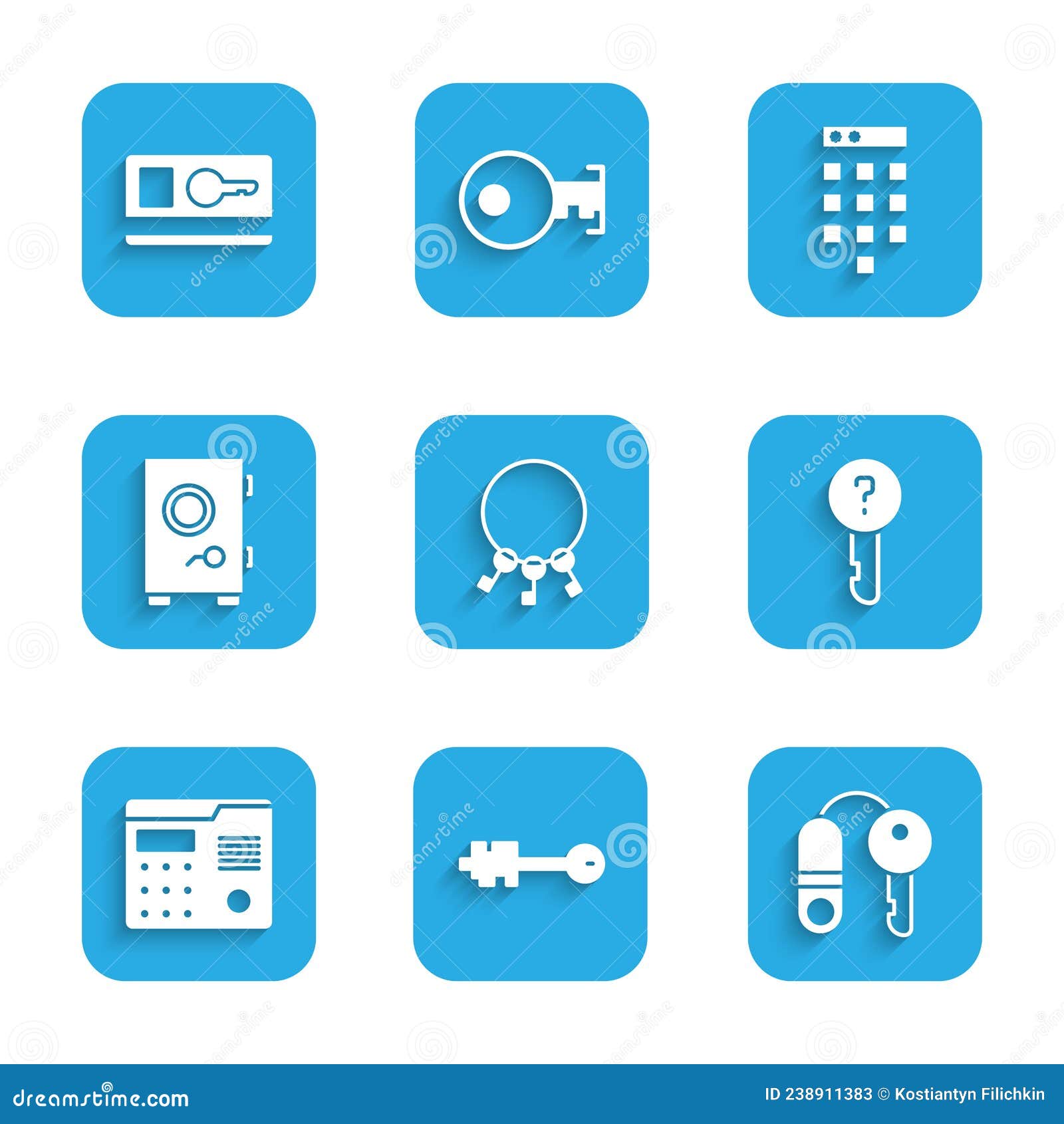 set bunch of keys, old, house with, undefined, intercom system, safe, password protection and key card icon. 