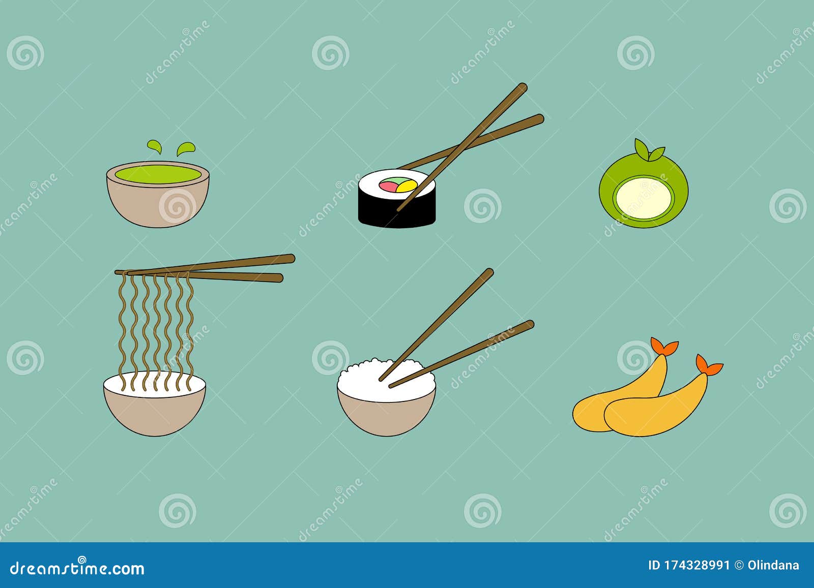Set Bundle of Icons or Stickers for Japanese Cuisine with Rice Sushi ...
