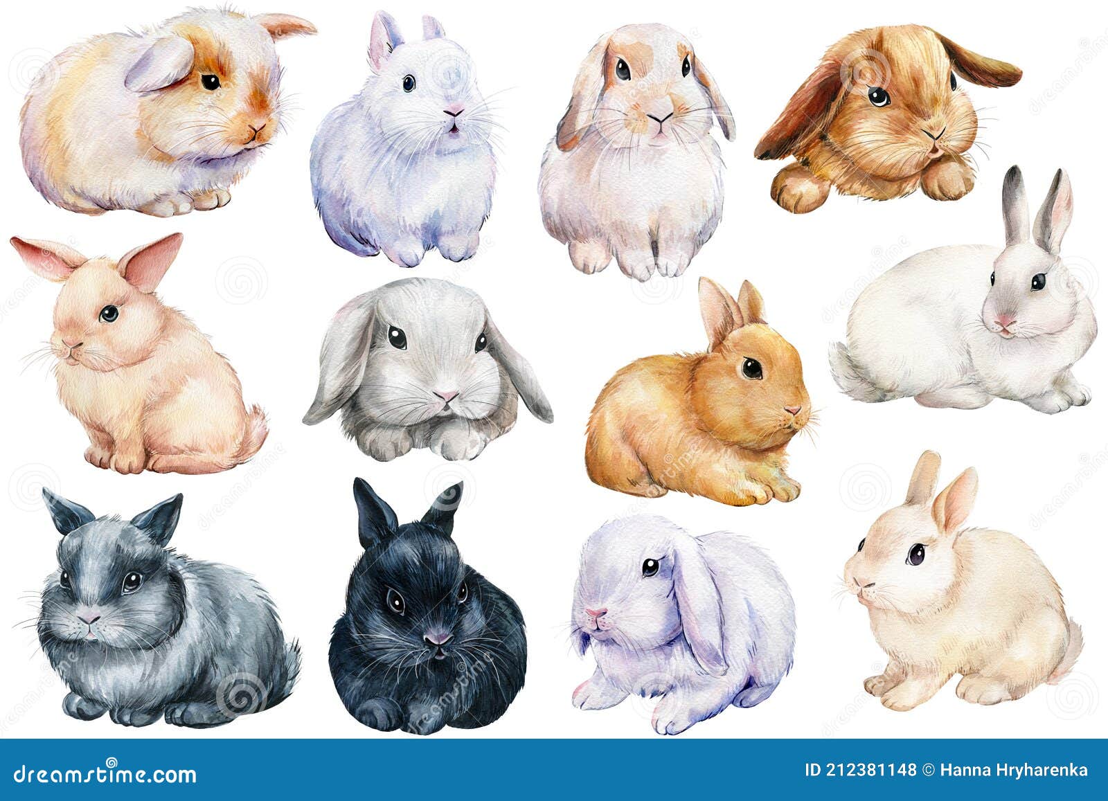 set of bunnies on an  white background, painted with watercolor. easter rabbits