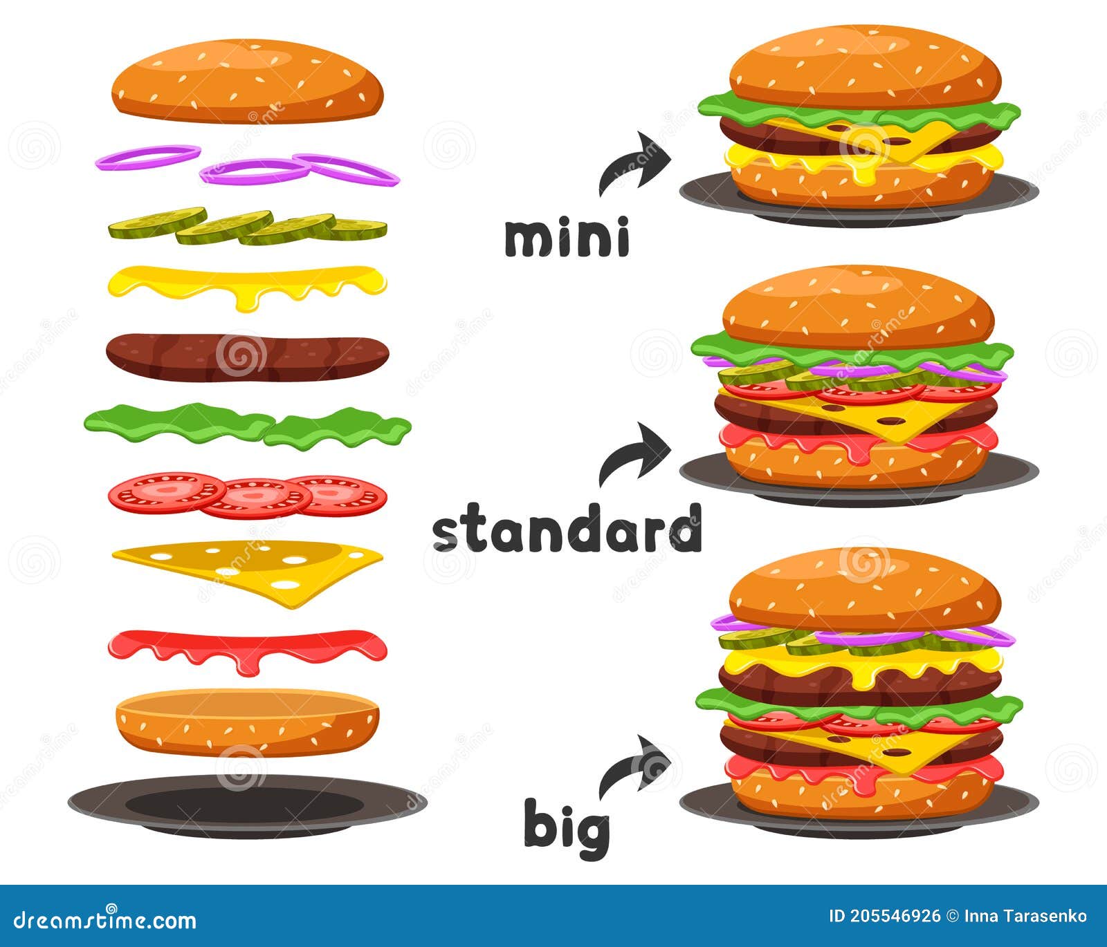Set of Burgers of Different Sizes and Their Components on a White