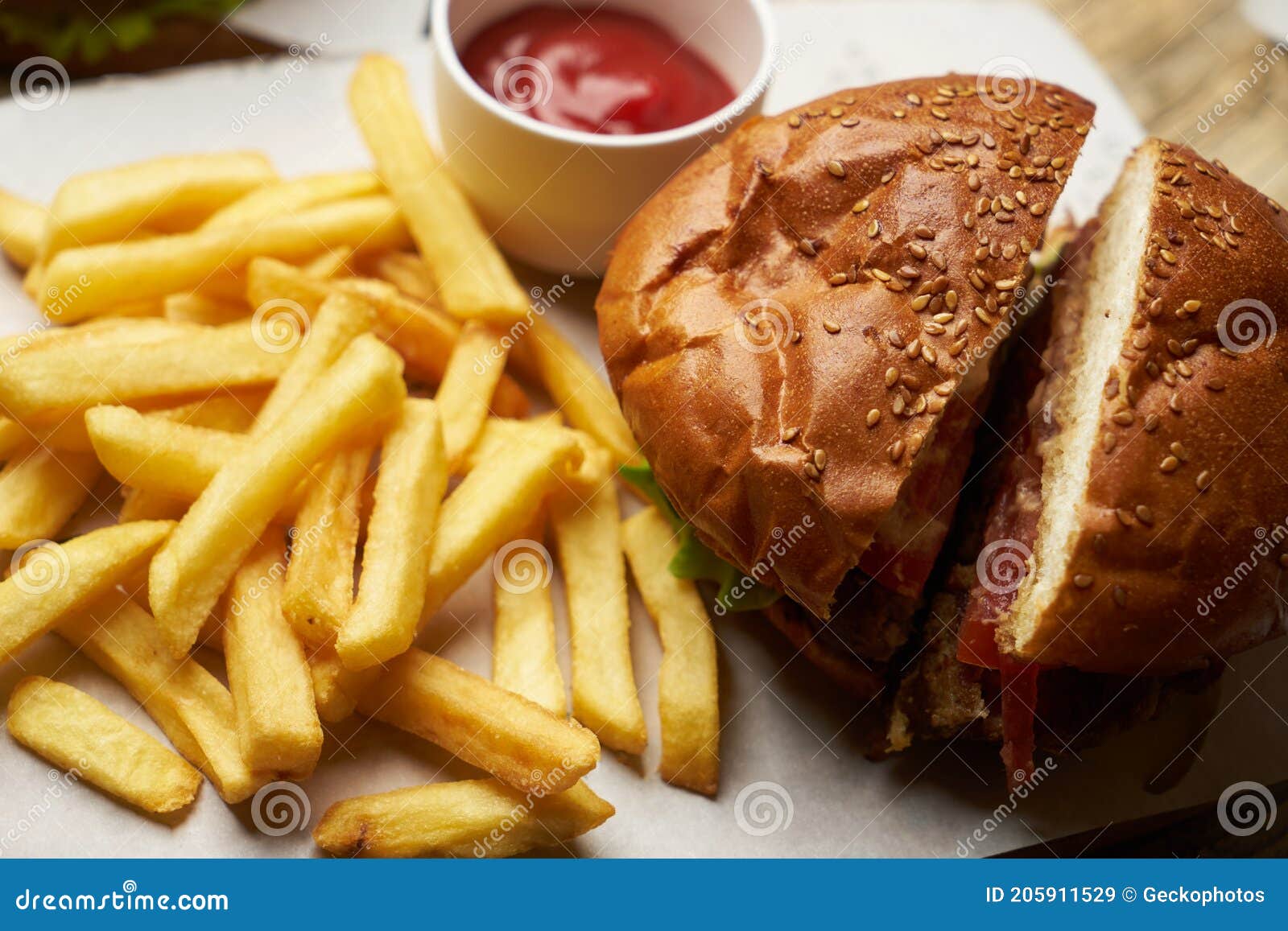 Set Of Burgers With French Fries And Ketchup Sauce Stock Image Image