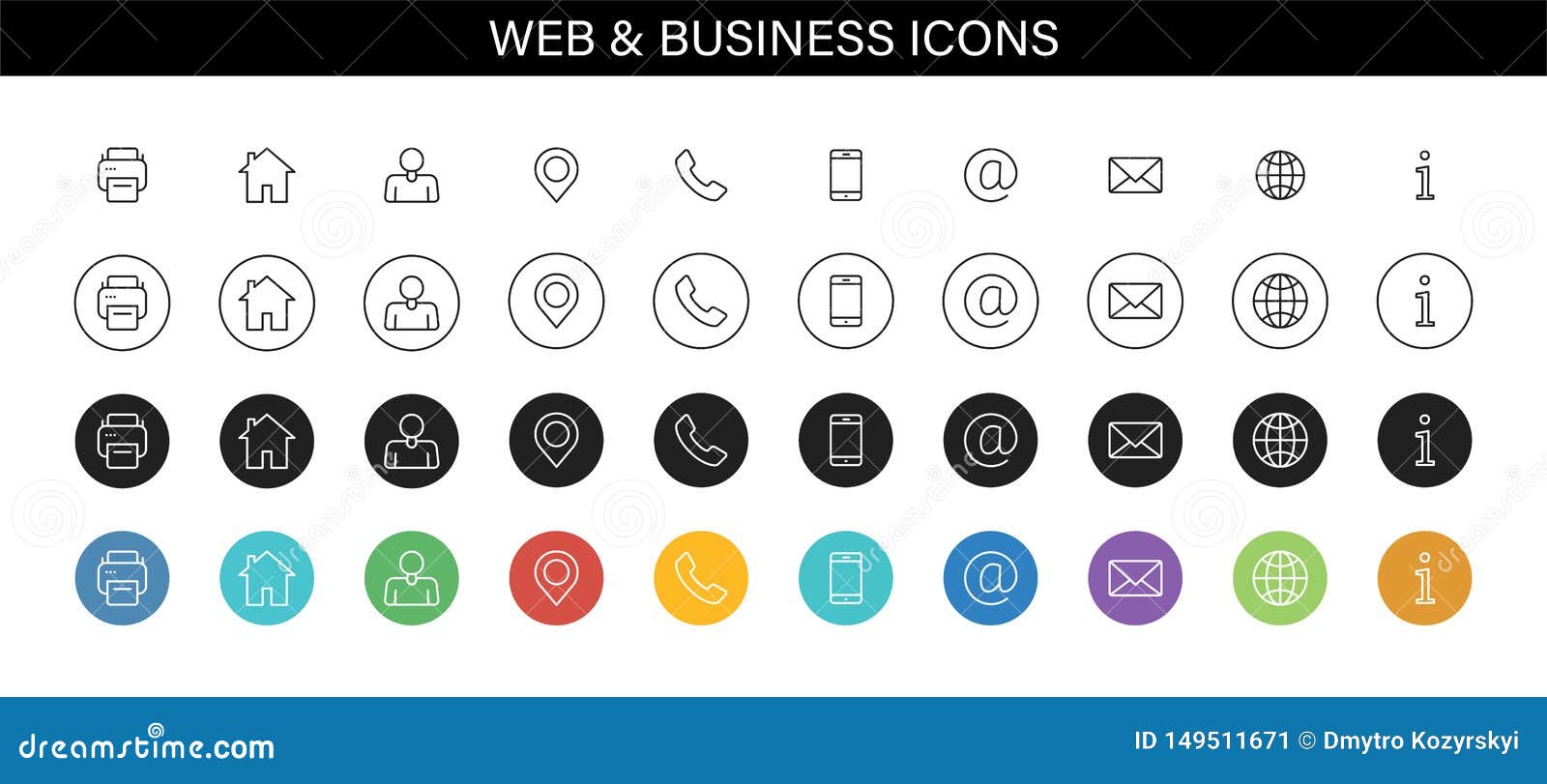 set of business card icons. name, phone, mobile, location, place, mail, fax, web. contact us, information, communication. 
