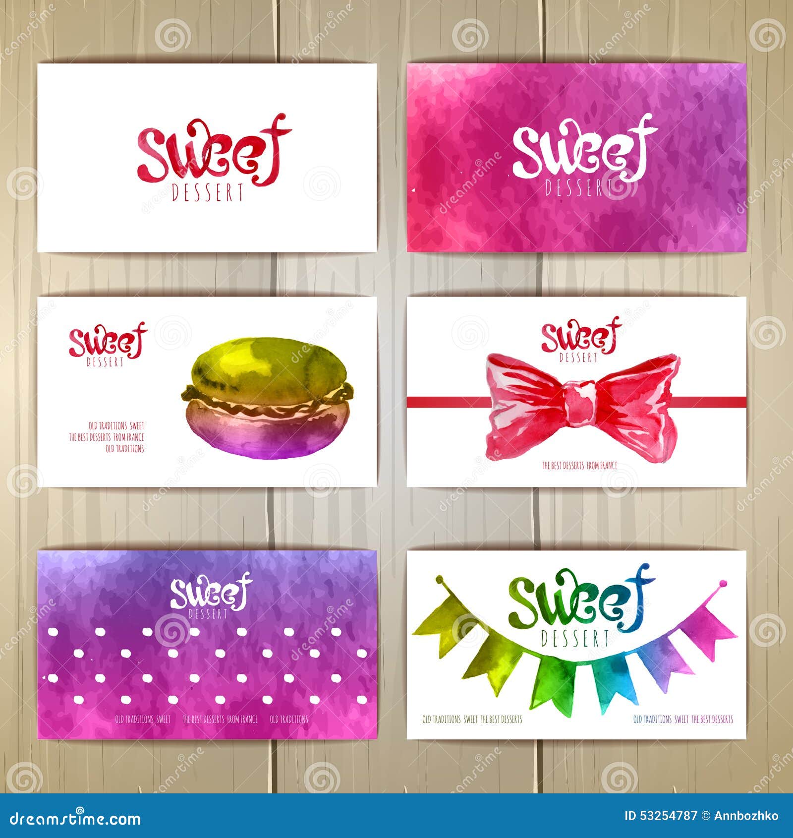 Set of Business Cards with Sweets or Desserts. Stock Vector