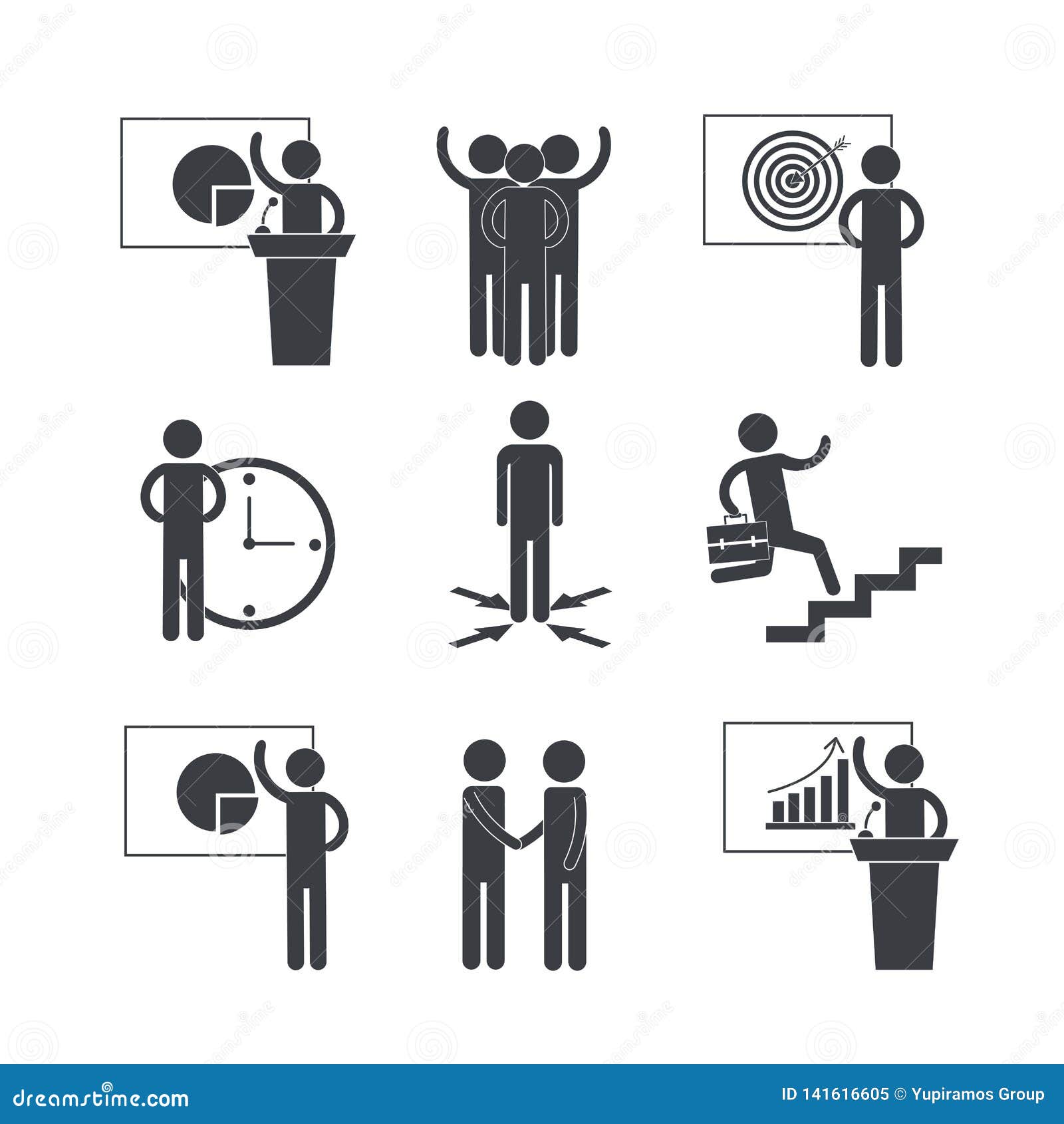 Set Business Teamwork with Graphic and Statistics Stock Vector