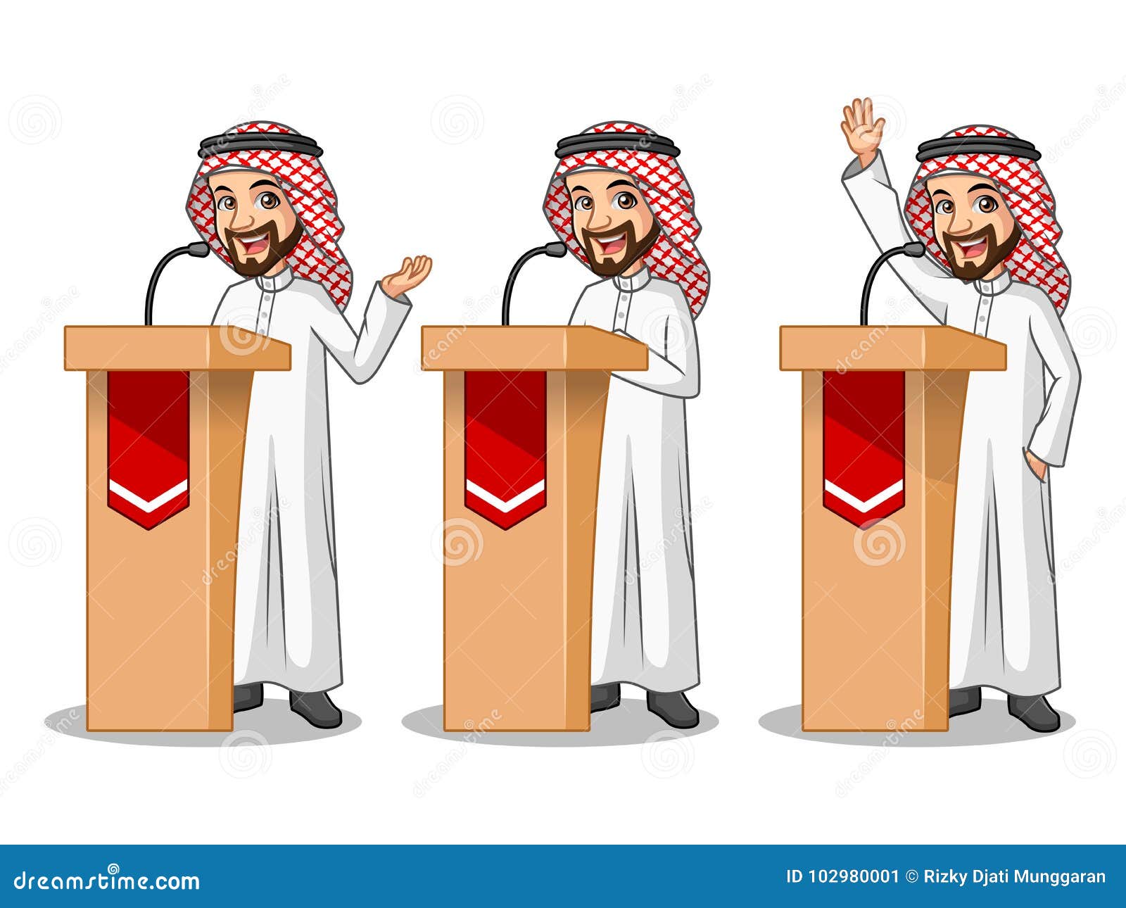 set of businessman saudi arab man giving a speech behind rostrum