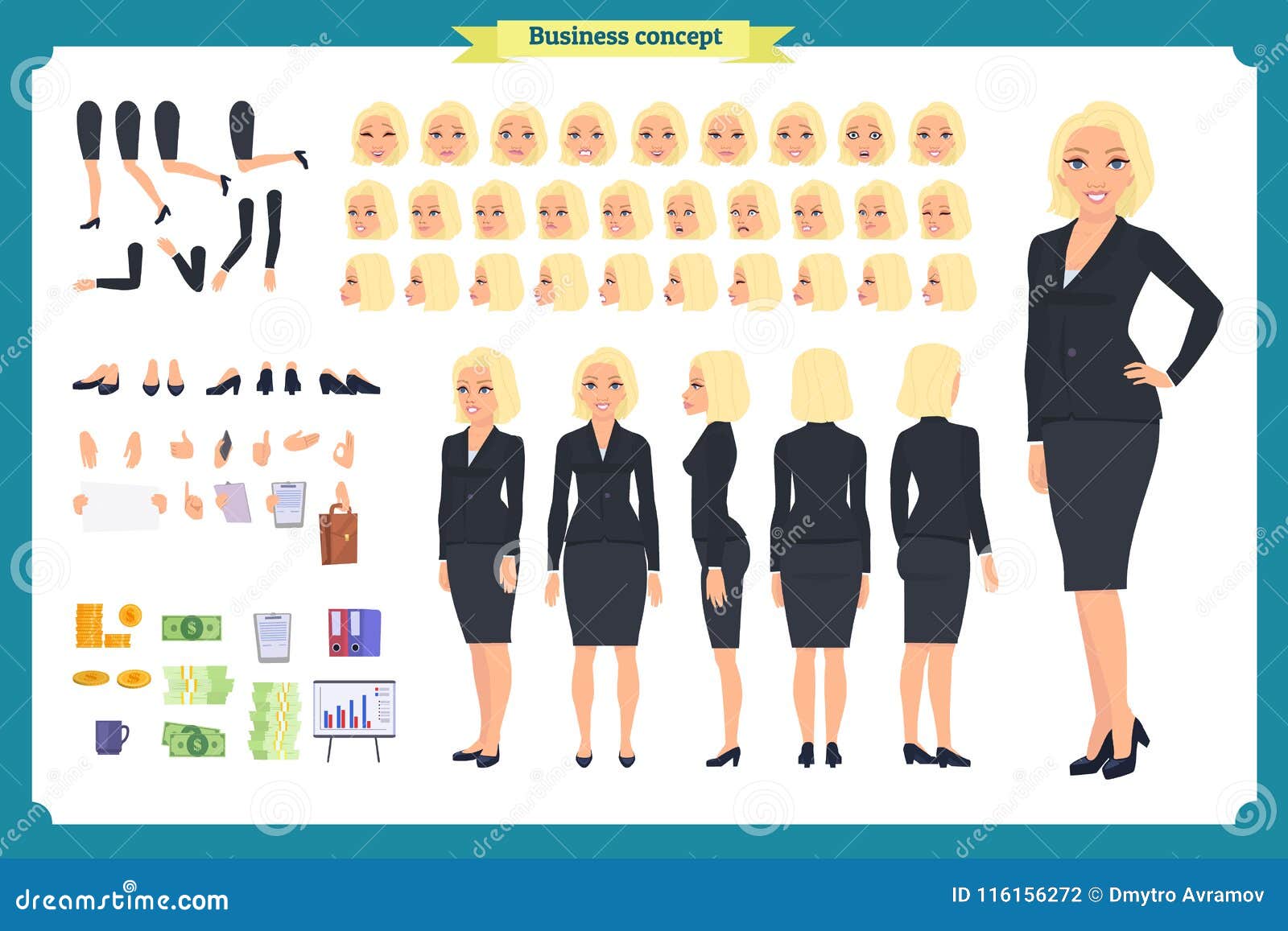 set of businesswoman character .front, side, back view animated character. cartoon style, flat  .