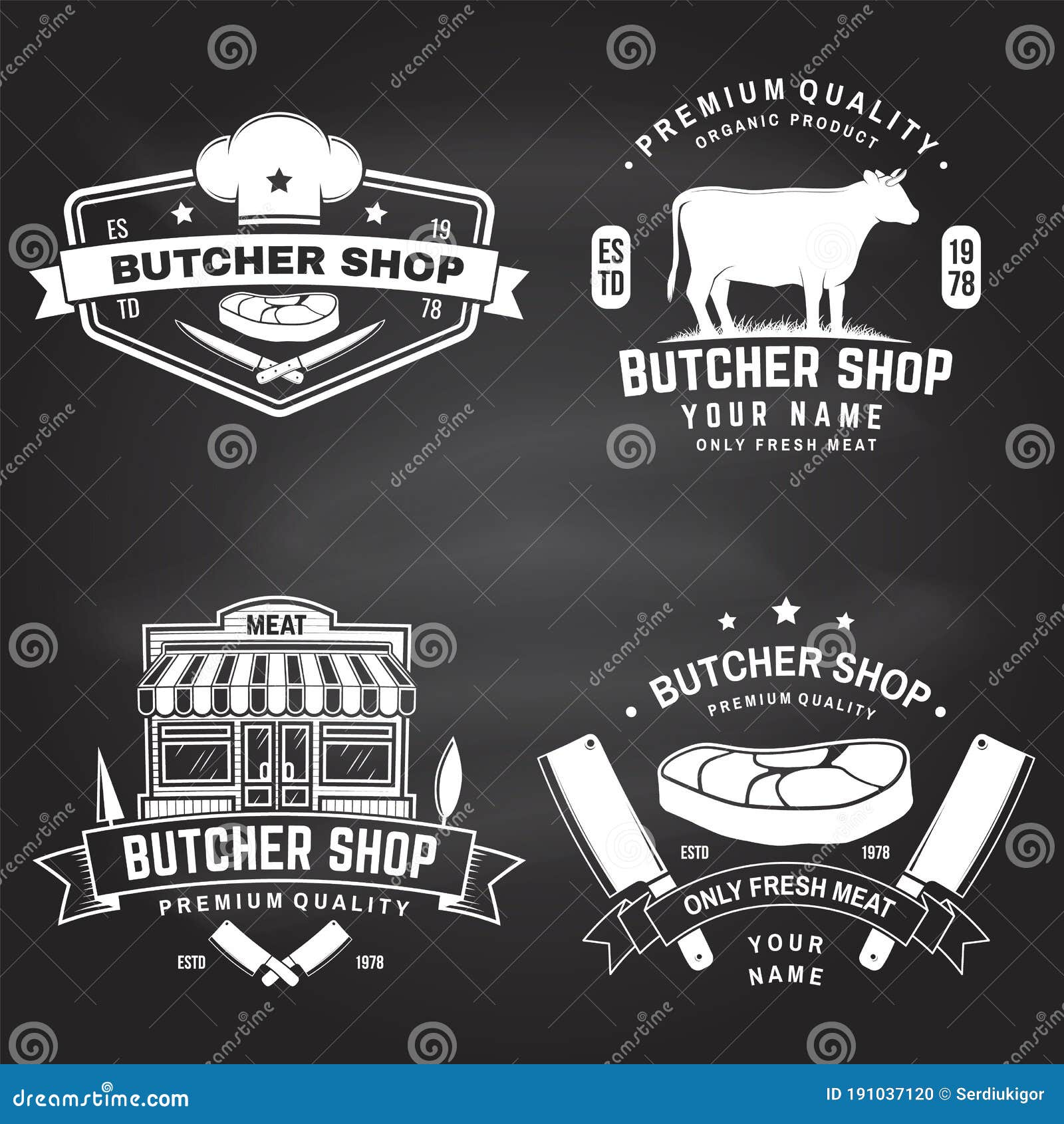 Set of Butcher Shop Badge or Label with Cow, Beef, Steak on Chalkboard ...