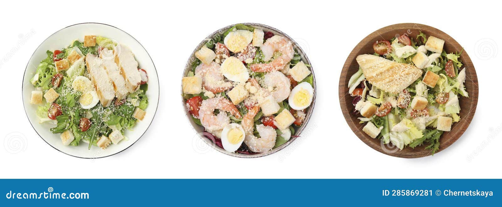 Set of Caesar Salad in Dishes Isolated on White, Top View Stock Image