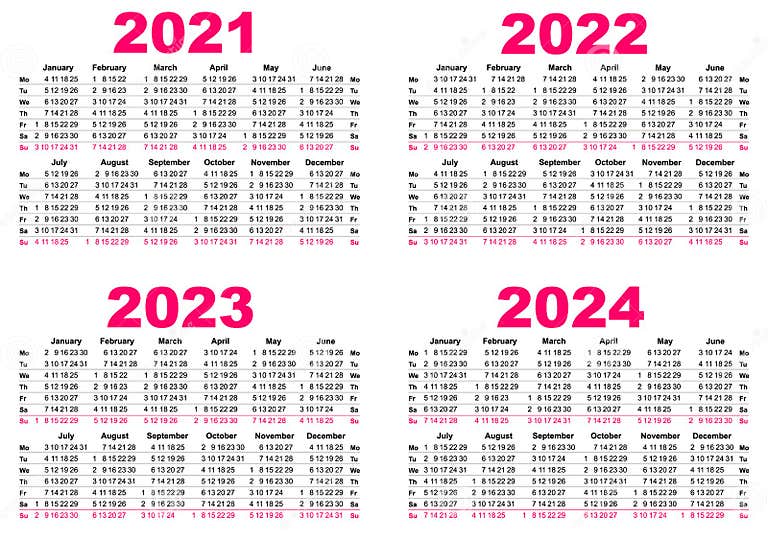 Set 2021 2022 2023 2024 Calendar Simple Template Grid. First Day of