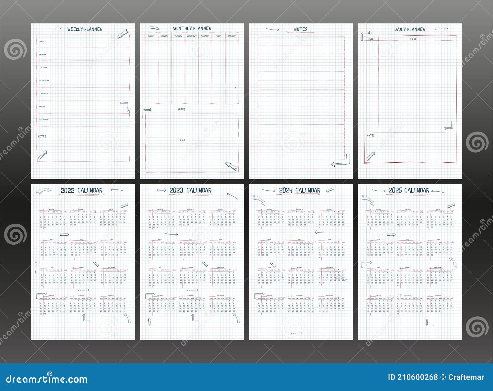 Set of 2022 2023 2024 2025 Calendar Weekly Planner and To Do List. Hand  Drawn Font Type Text and Elements, School Note Style, Stock Vector -  Illustration of vector, personal: 210600268