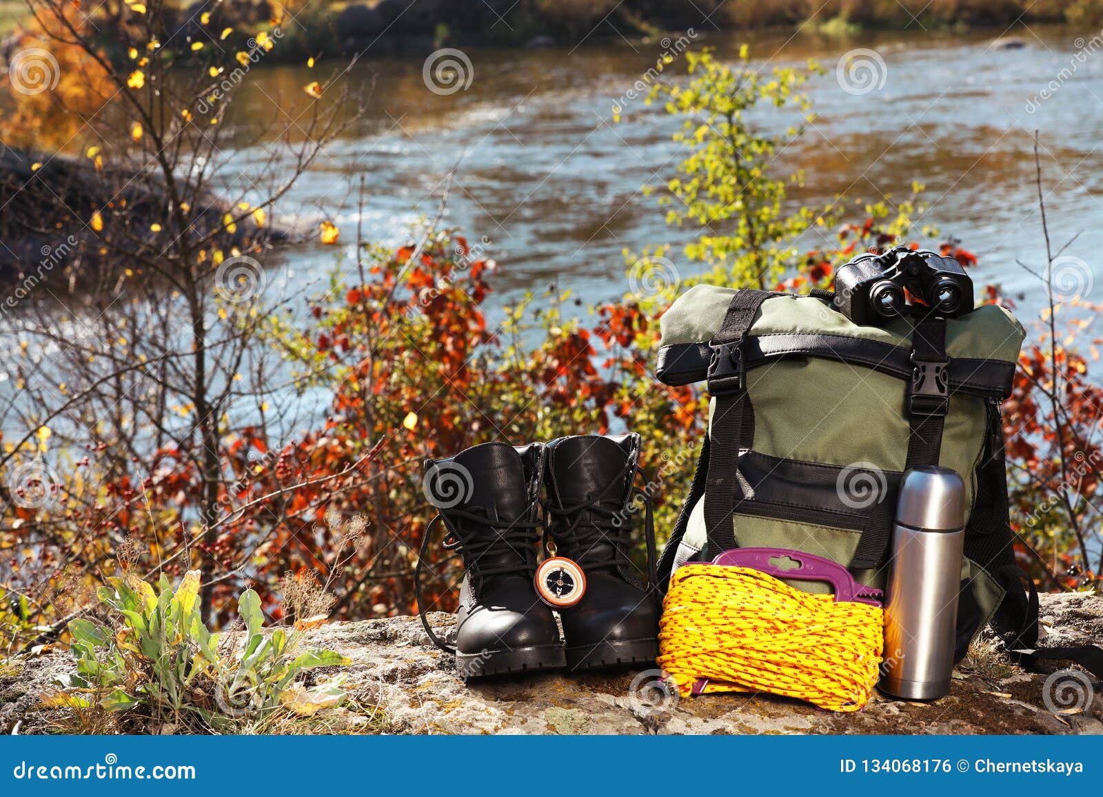 Set of Camping Equipment on Ground Outdoors. Stock Photo Image of