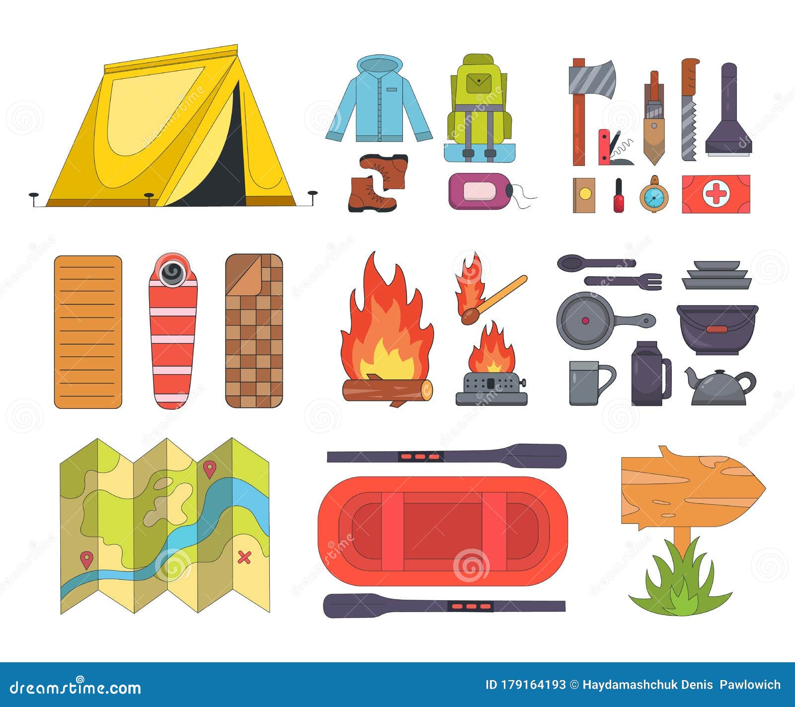 Set of Camping Equipment Icons in Cartoon Style. Camping Supplies and Tools  in Cartoon Style Stock Vector - Illustration of holiday, icon: 179164193