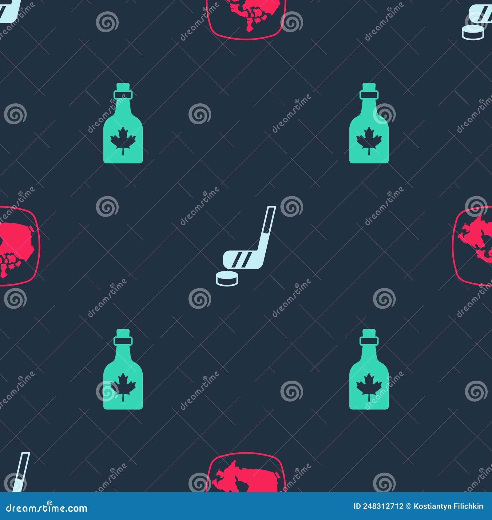 Set Canada Map, Ice Hockey Stick and Puck and Bottle of Maple Syrup on