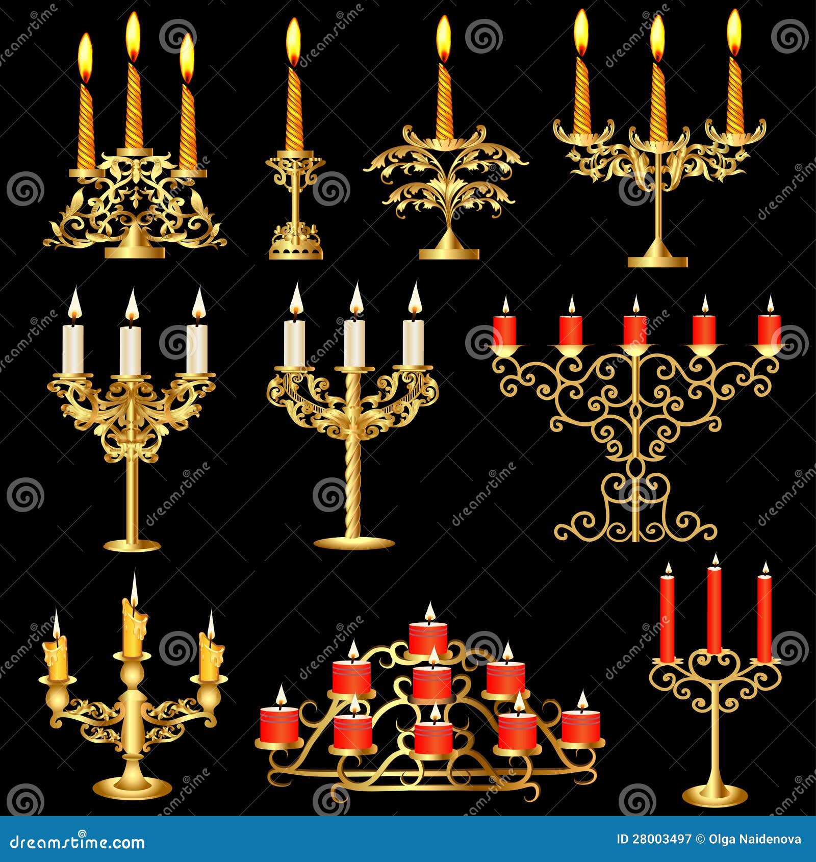 Set of Candelabra and Candlesticks with Candles Stock Vector