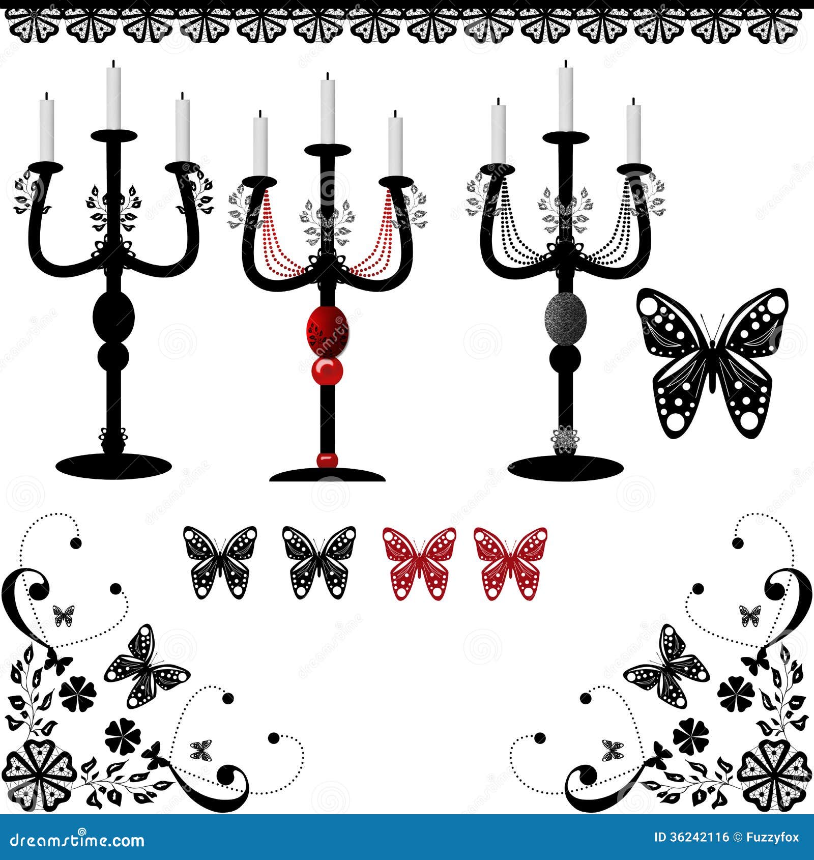 Set of Candelabra and Candlesticks with Candles Stock Illustration