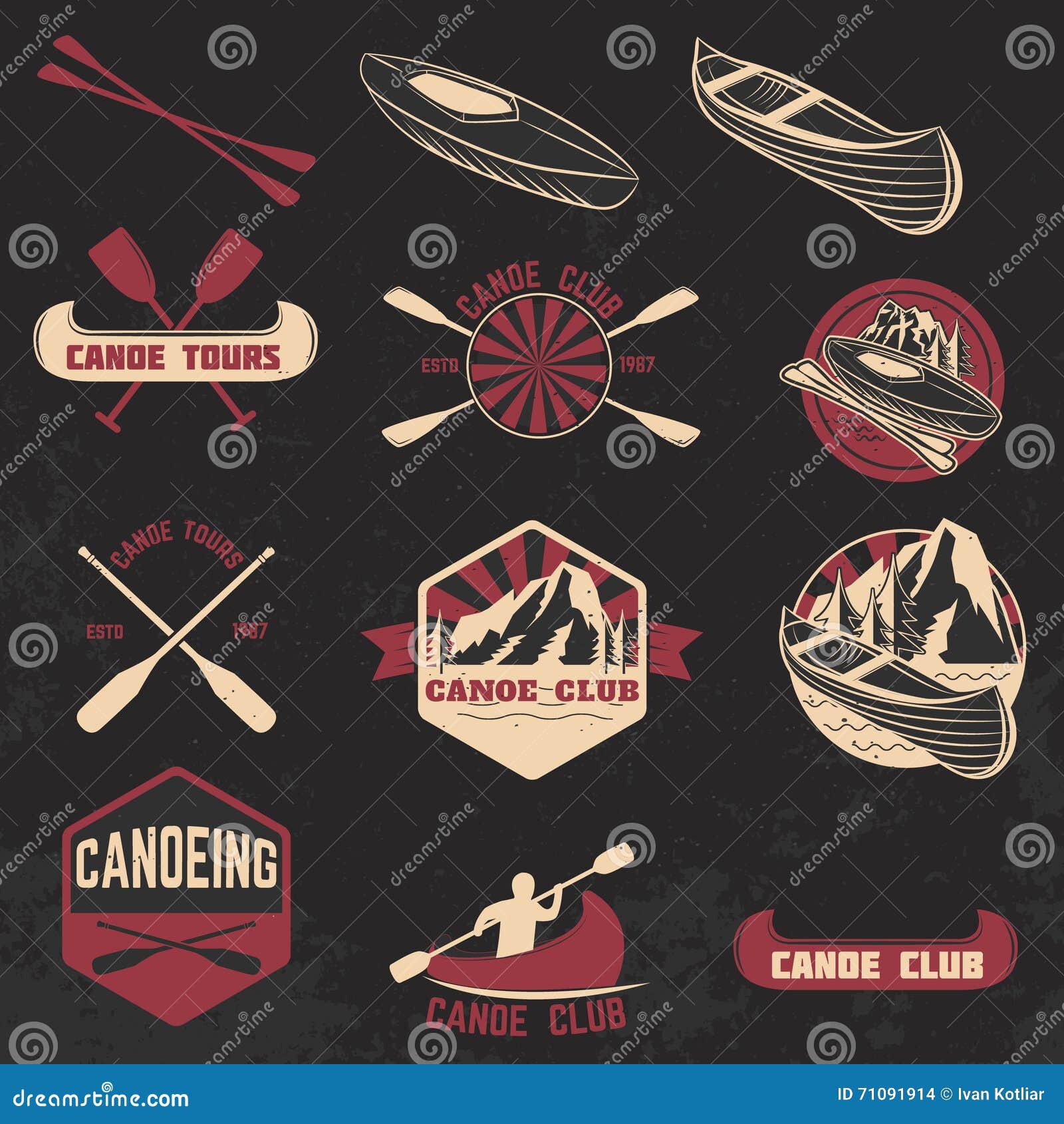 Set of Canoe Club Labels, Badges and Design Elements. Stock Vector