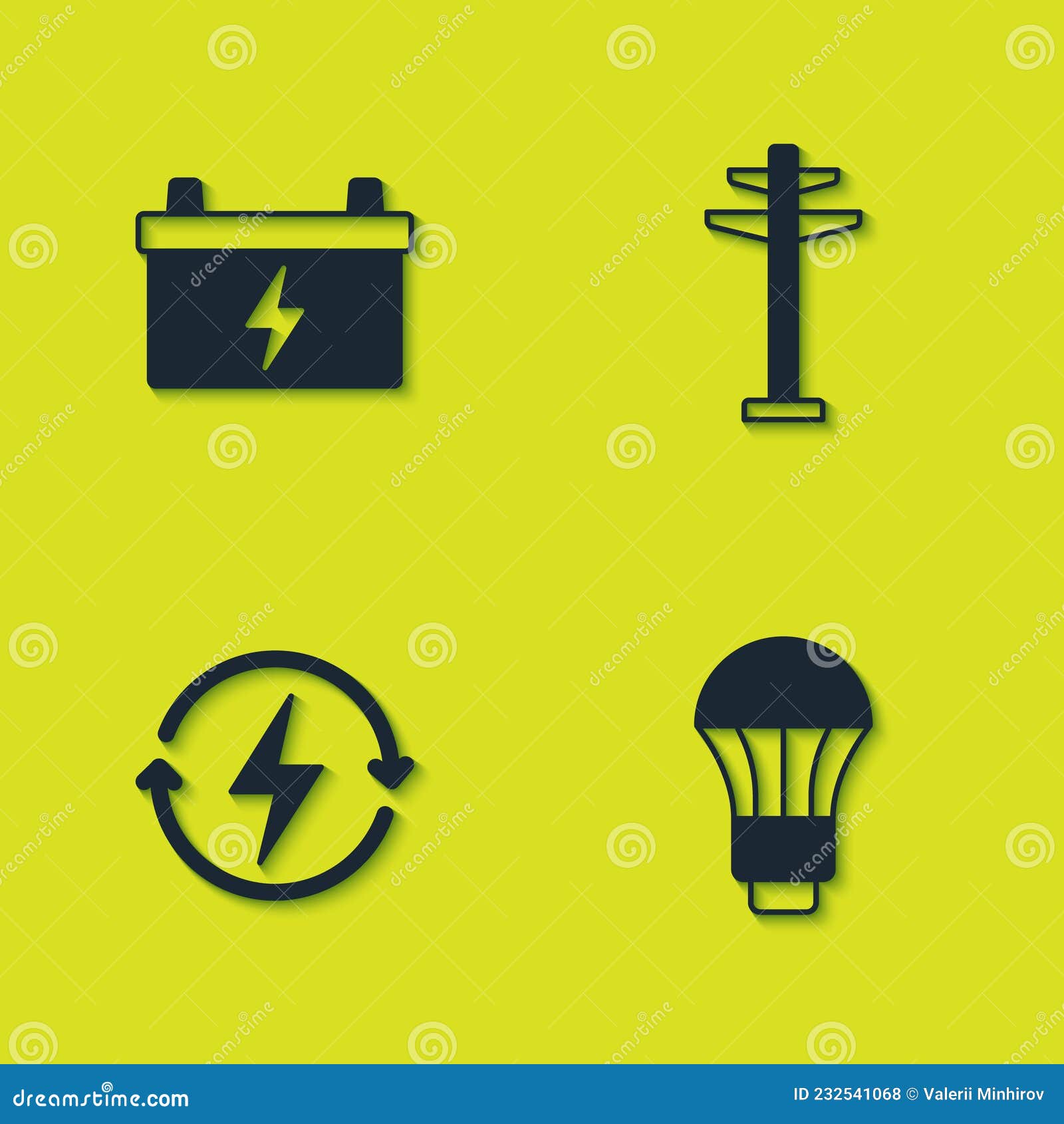 Set Car Battery, LED Light Bulb, Recharging and Electric Tower Icon