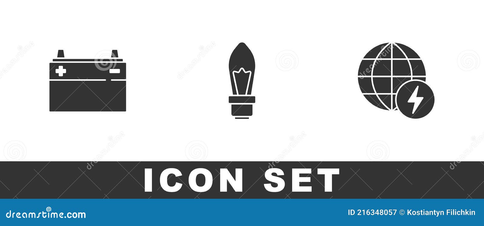 Set Car Battery, Light Bulb and Global Energy Power Icon. Vector