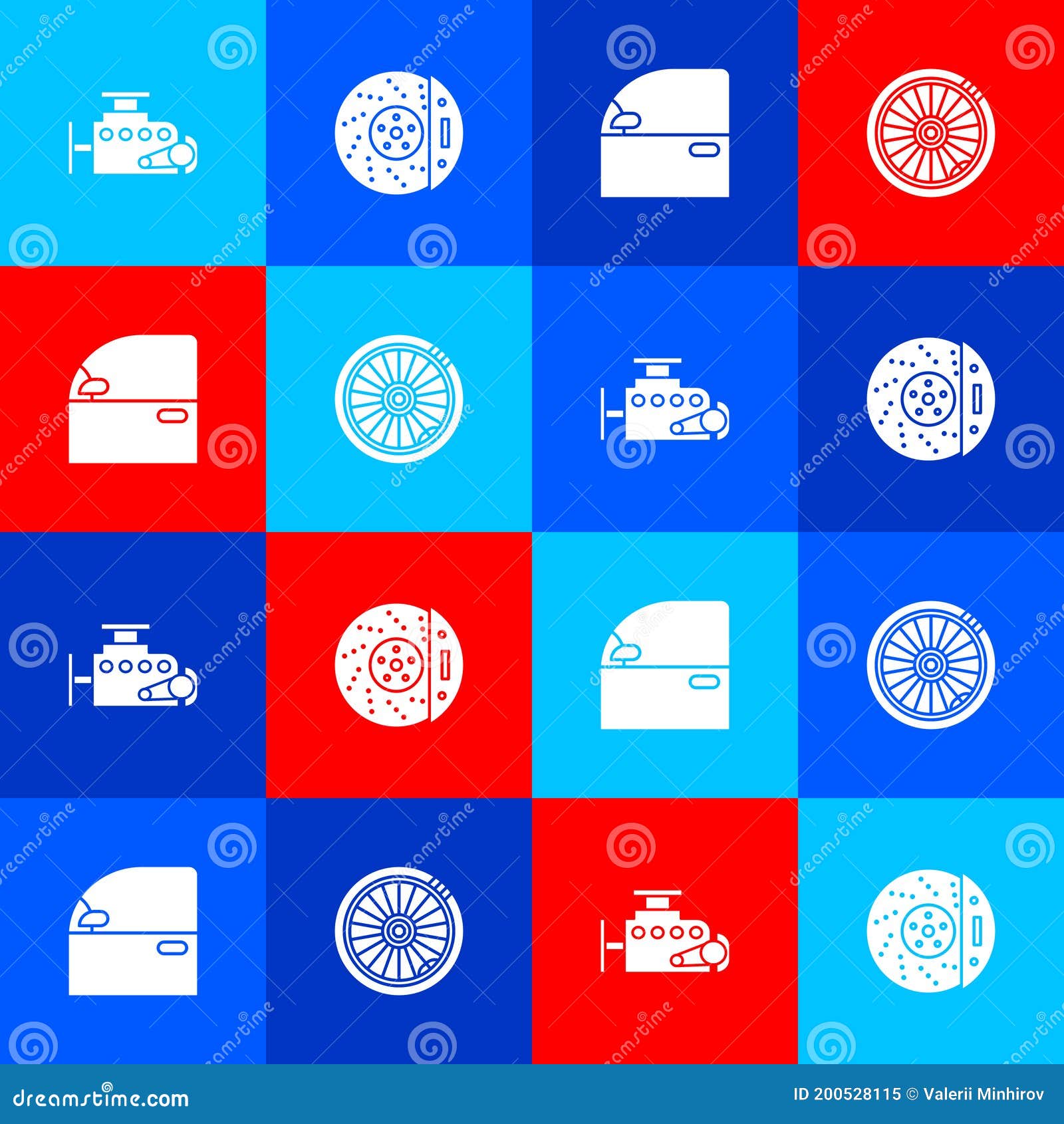 Set Car Engine, Brake Disk with Caliper, Door and Wheel Icon. Vector Stock Illustration