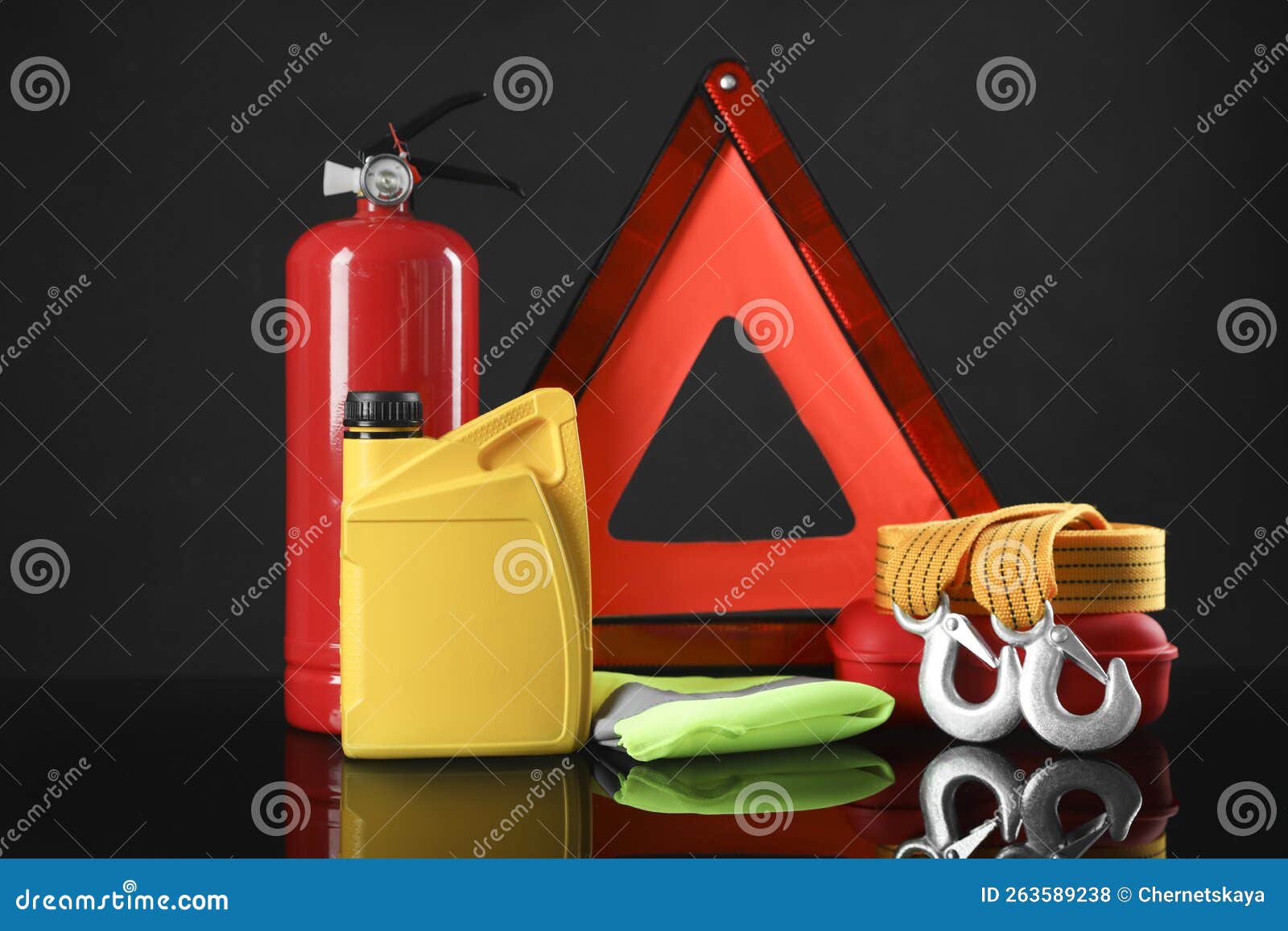 Set of Car Safety Equipment on Black Background Stock Photo Image of