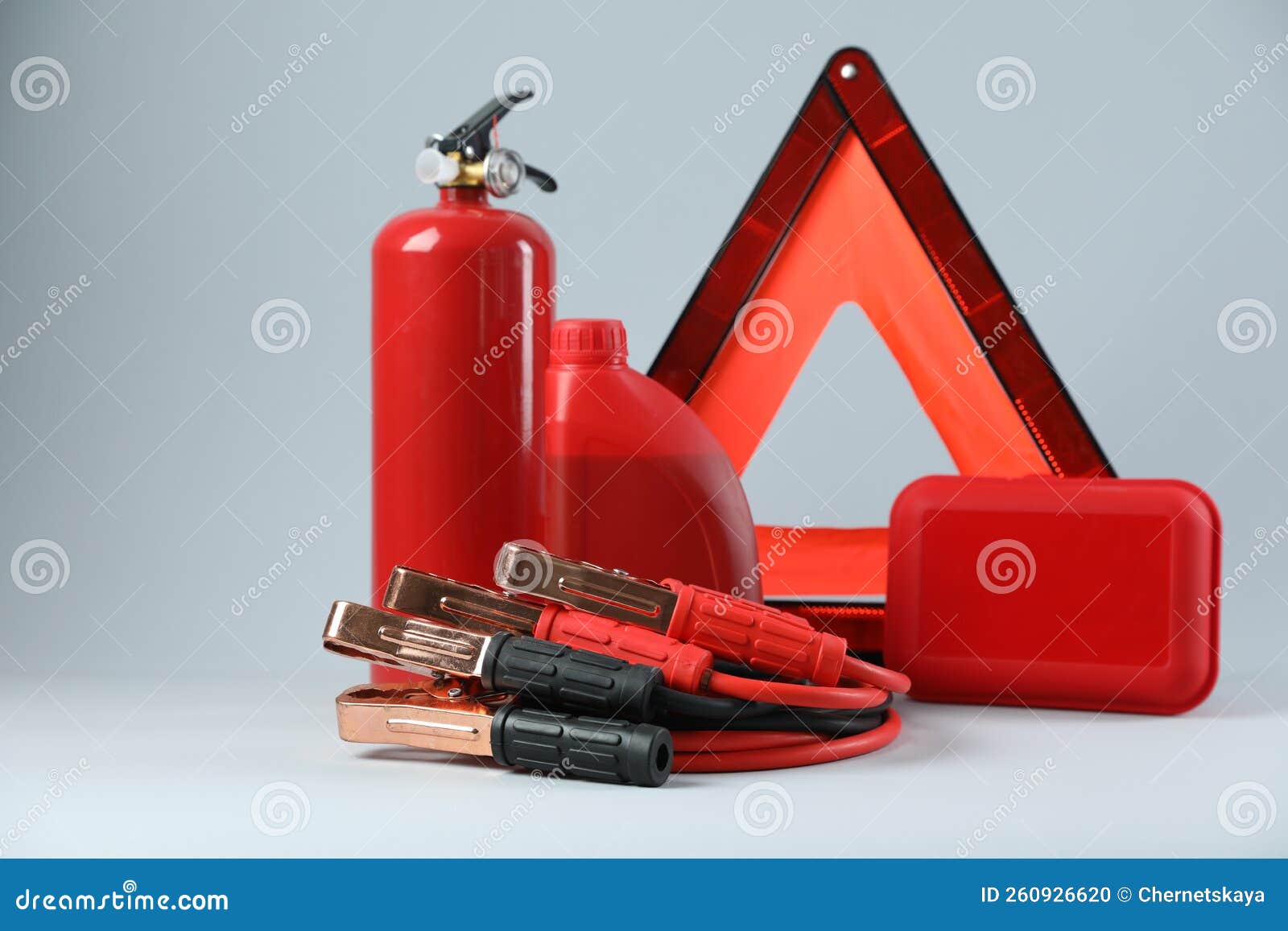 Set of Car Safety Equipment on Light Grey Background Stock Photo