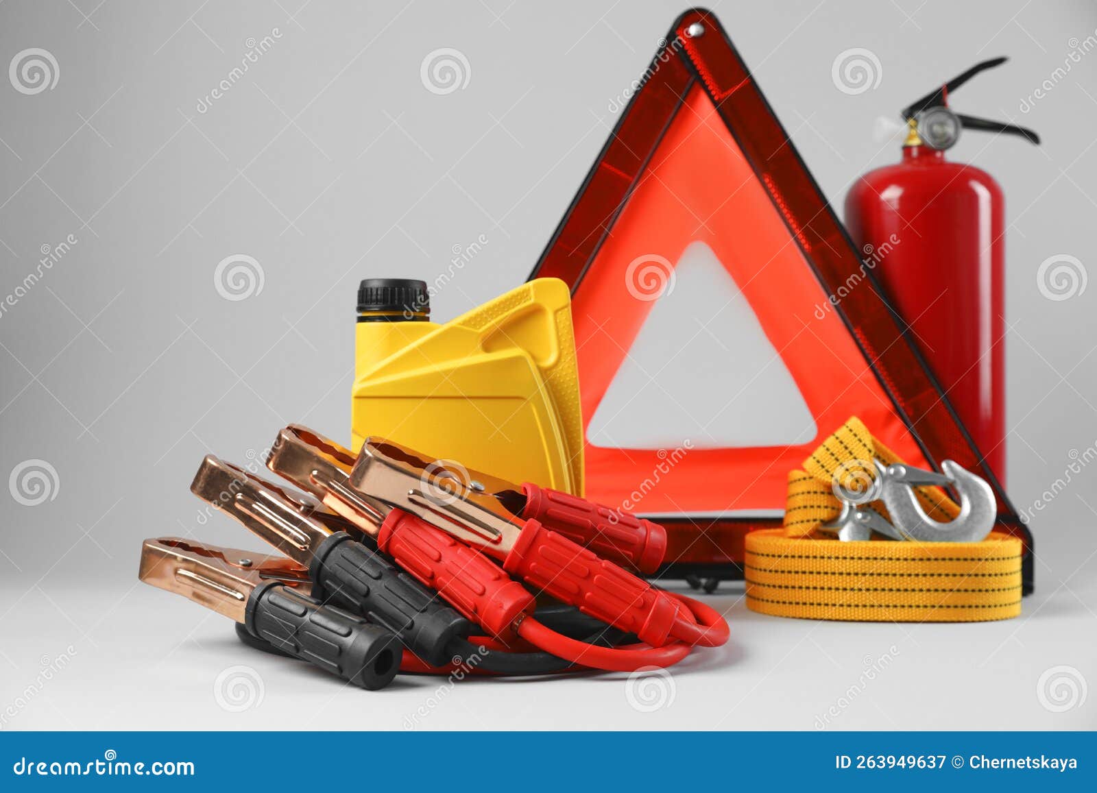 Set of Car Safety Equipment on Light Grey Background Stock Image