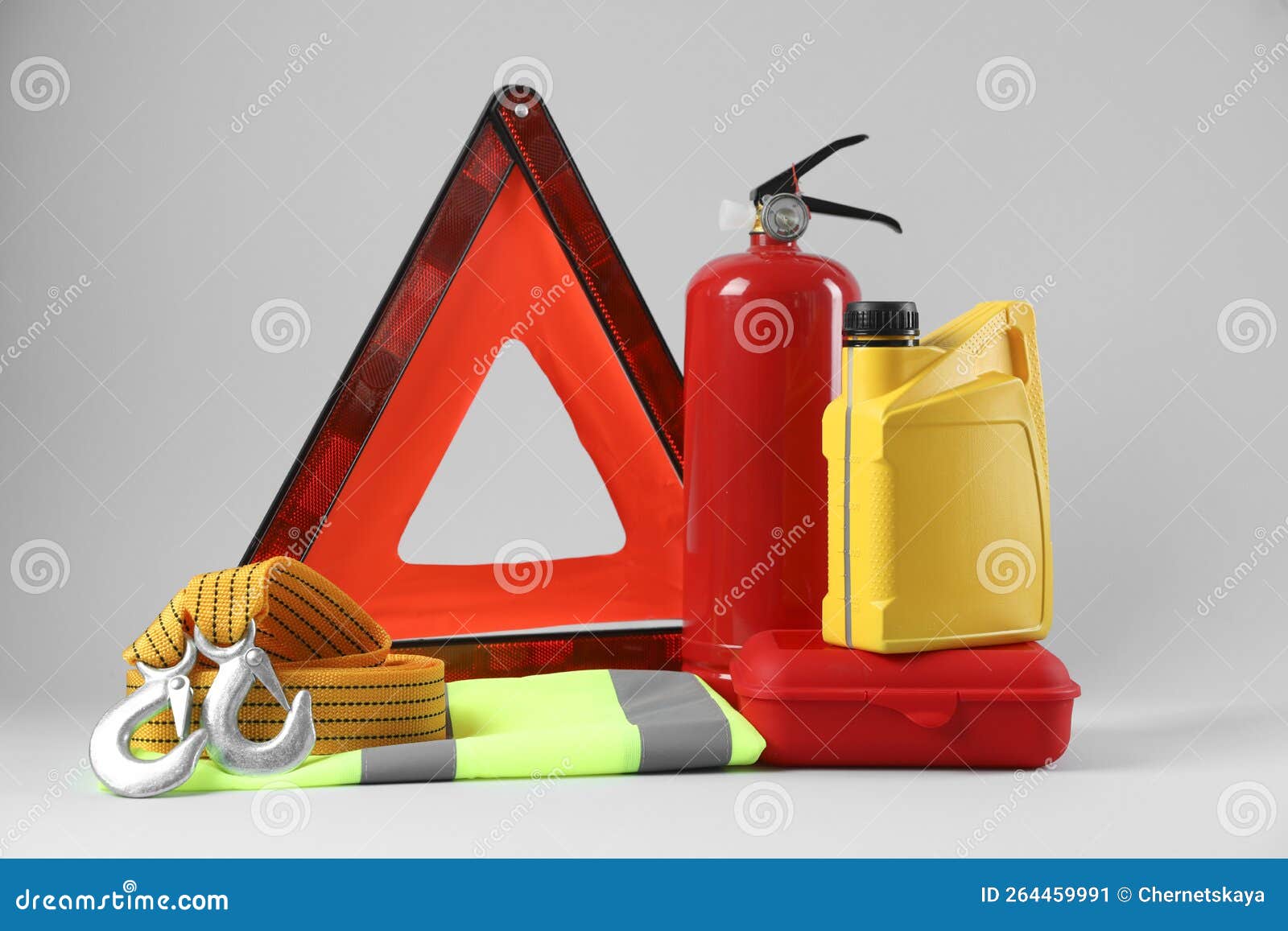 Set of Car Safety Equipment on Light Grey Background Stock Image