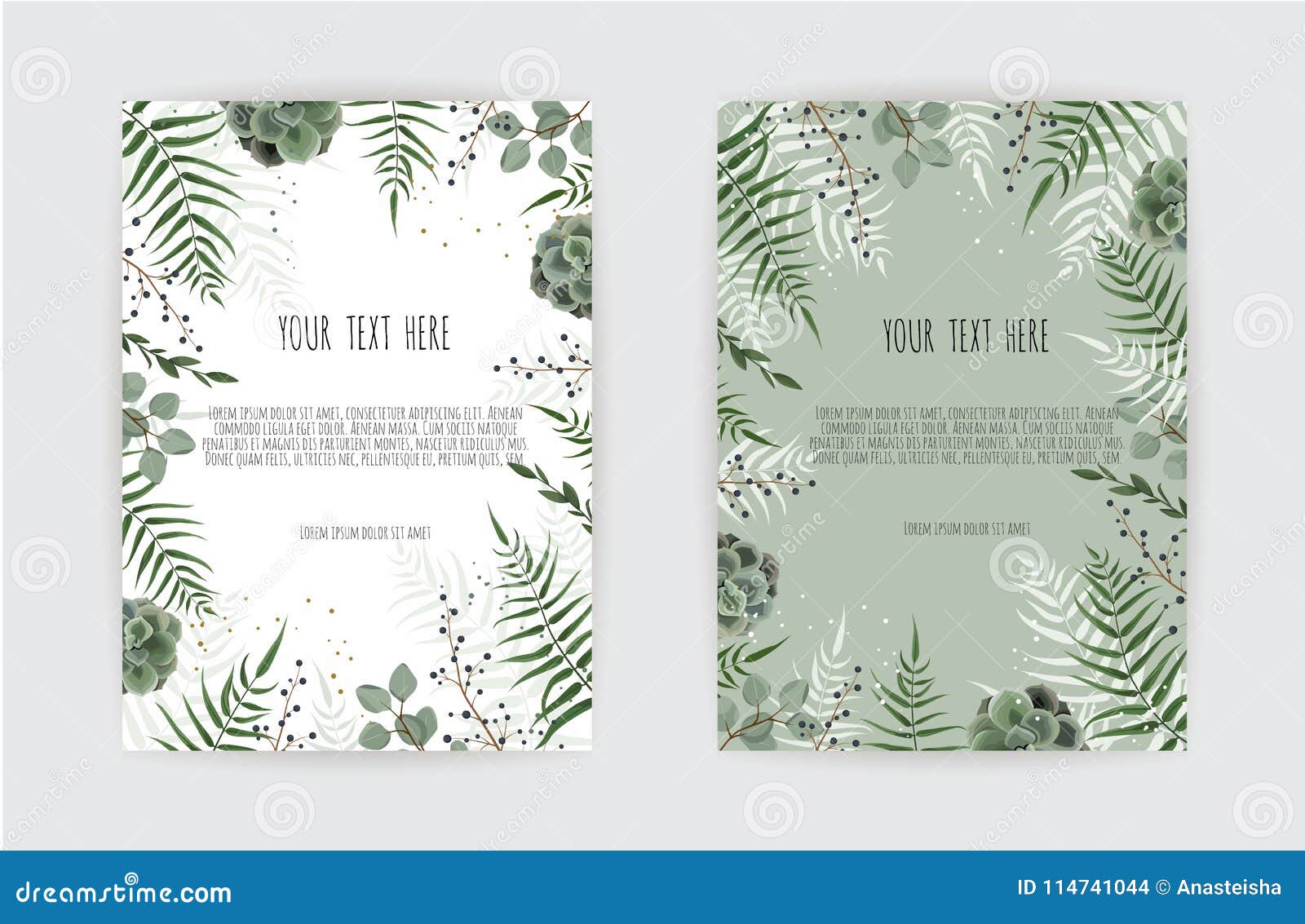 set of card with green leaf , eucalyptus branches, decorative wreath frame pattern. floral poster.