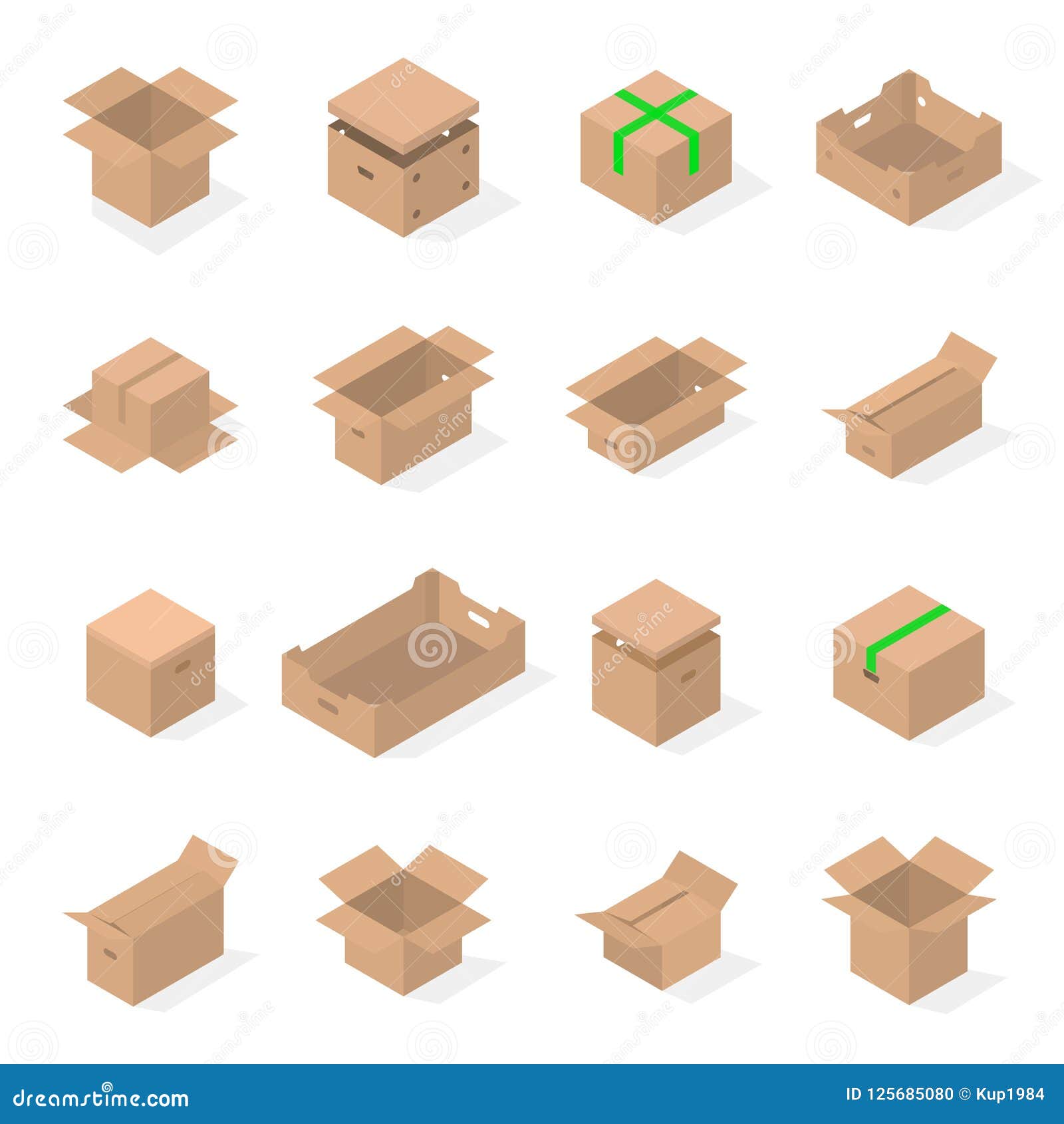 Set of Cardboard Boxes in 3d, Vector Illustration. Stock Vector