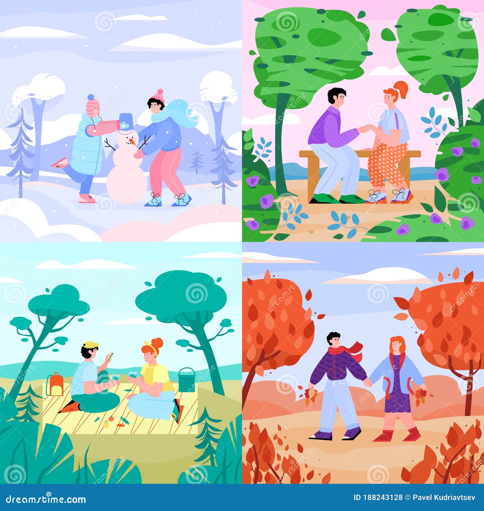 Set of Cards with Couple in Four Year Seasons Cartoon Vector Illustration  Stock Vector - Illustration of park, beach: 188243128