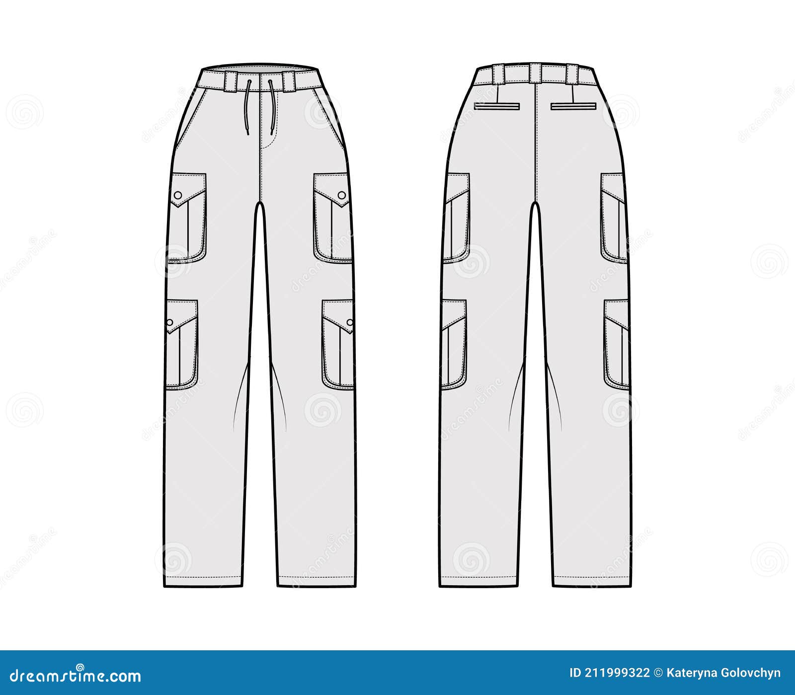 Set of Cargo Pants Technical Fashion Illustration with Normal Waist ...