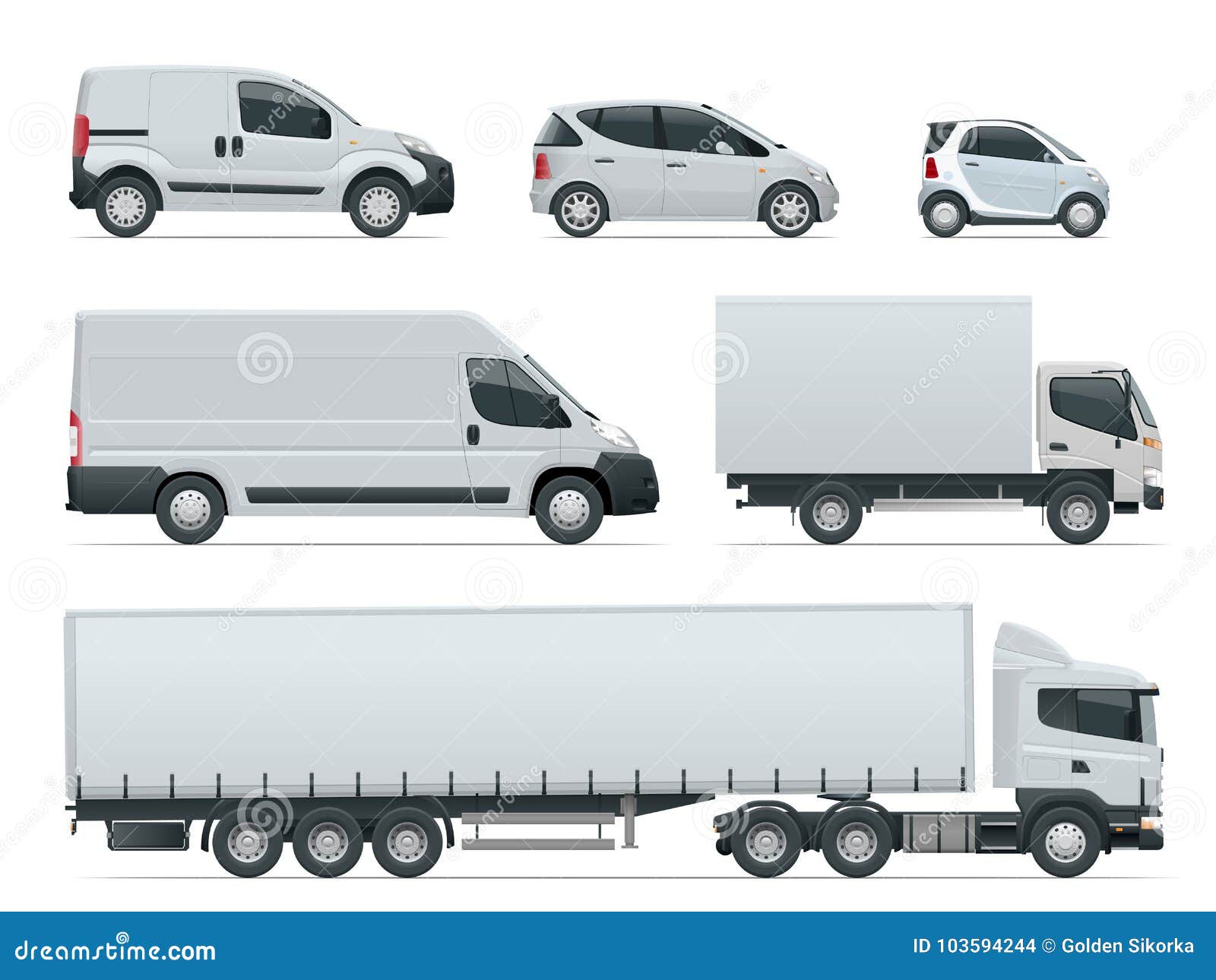 set of cargo trucks side view. delivery vehicles . cargo truck and van.  .