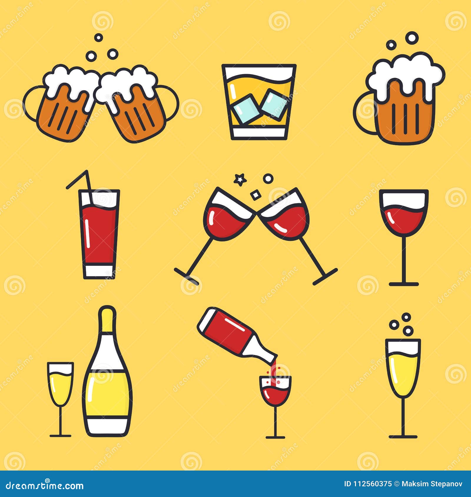 Set of Cartoon Alcohol Icons. Vector Flat Icons for Bar. Collection of  Alcohol Drinks. WIneglass, Beer Mug, Champagne. Stock Vector - Illustration  of brasserie, isolated: 112560375
