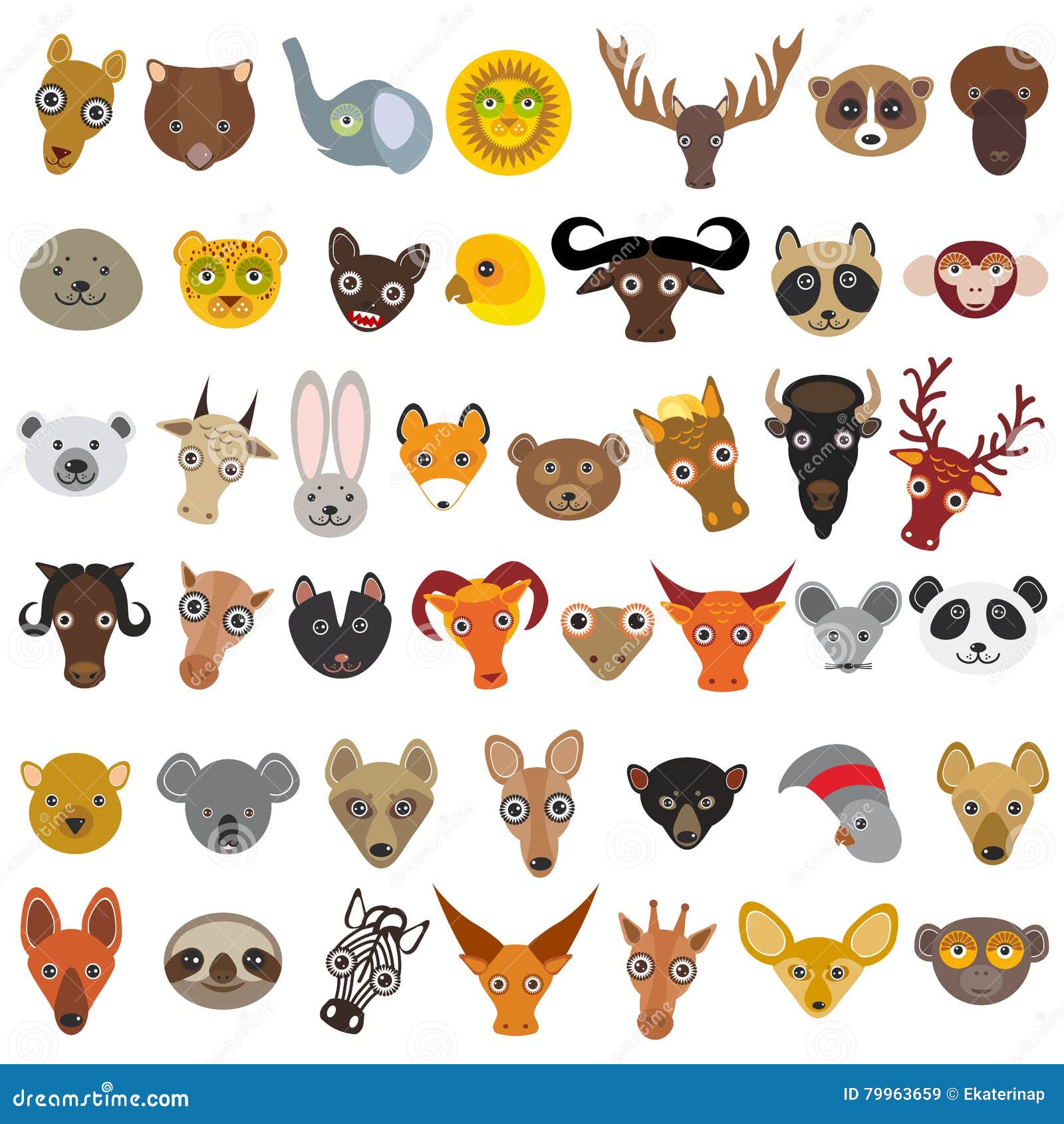 Set Cartoon Animals from All Over the World, Muzzle Animal, Avatar Isolated  on White Background. Vector Stock Vector - Illustration of face, asia:  79963659