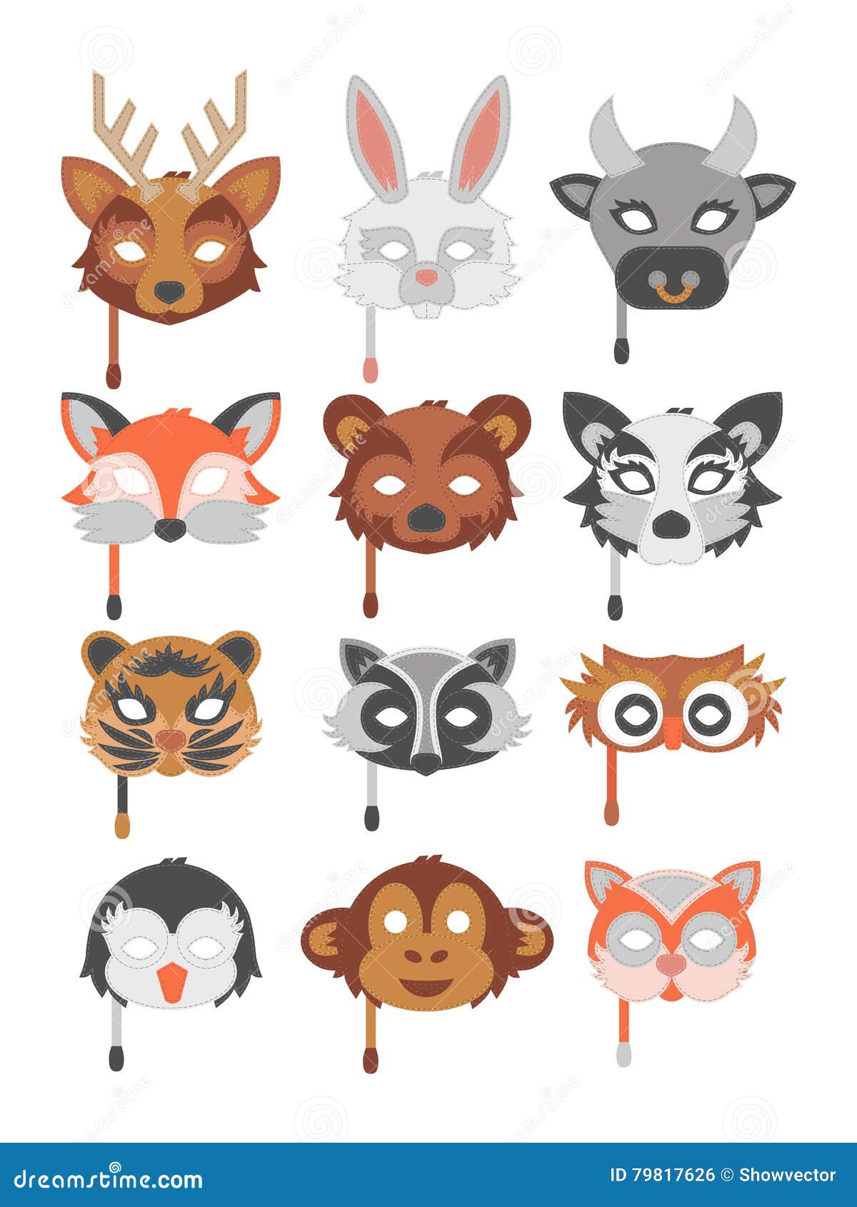 Set of Cartoon Animals Party Masks Vector. Stock Vector - Illustration of  raccoon, monkey: 79817626