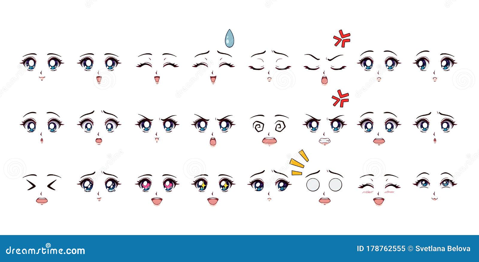 set of cartoon anime style expressions. blue eyes, pink lips.