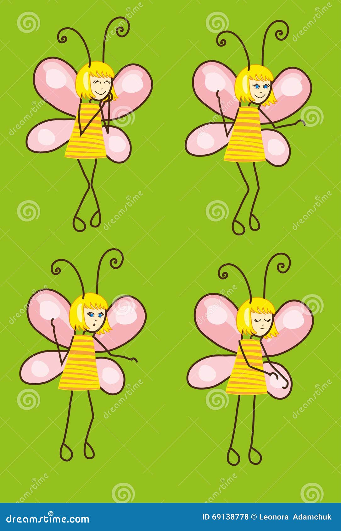 Set of Cartoon Butterflies with Different Emotions. Vector Stock