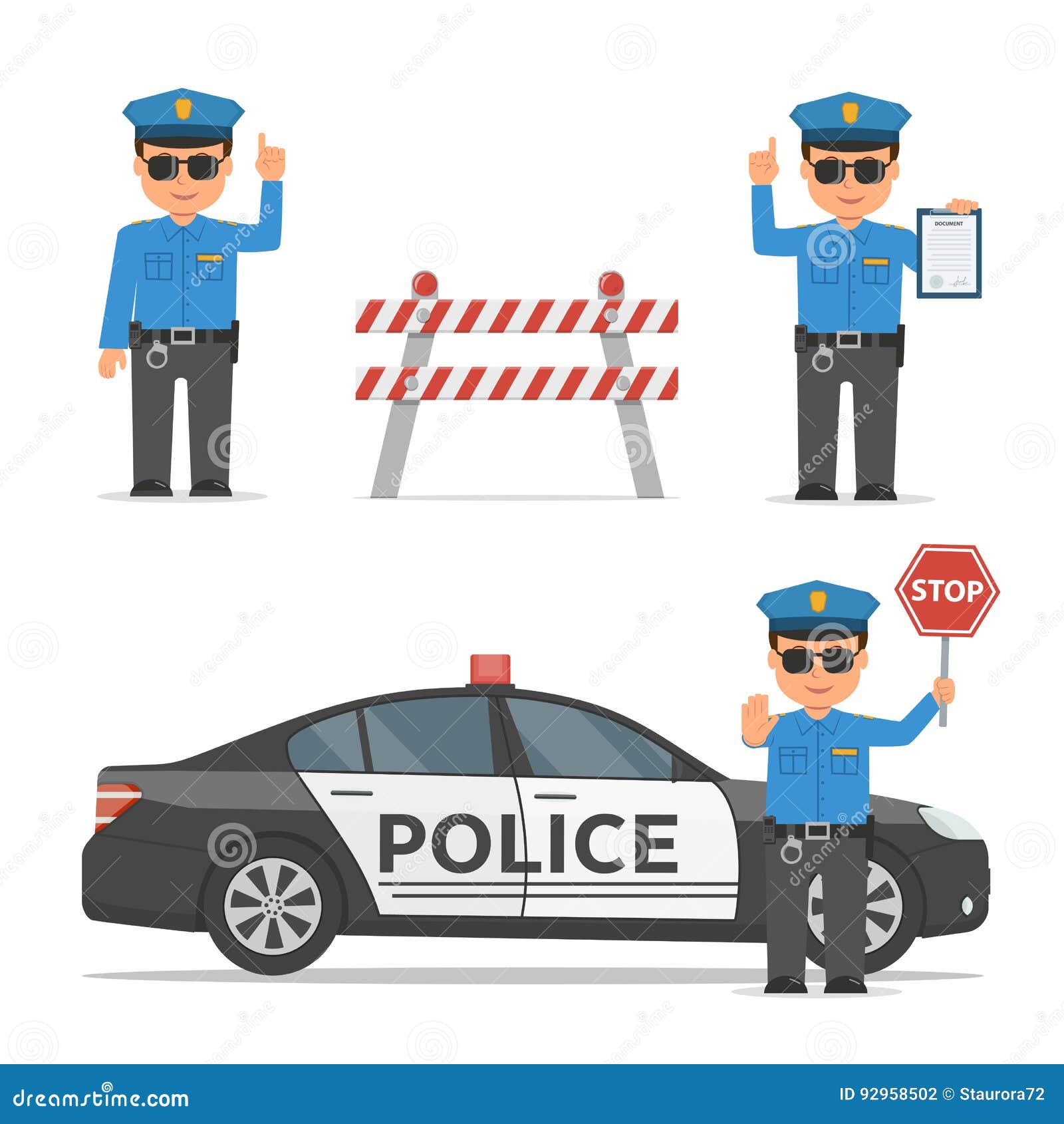 Set Of Cartoon Characters Of A Police Officer Traffic Policeman In