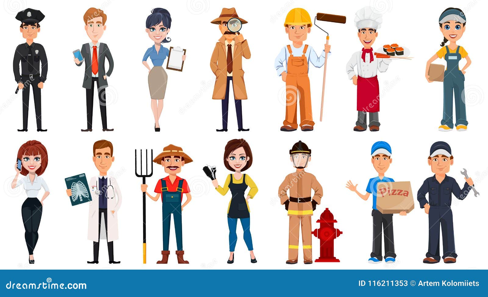 set of cartoon characters with various occupations.