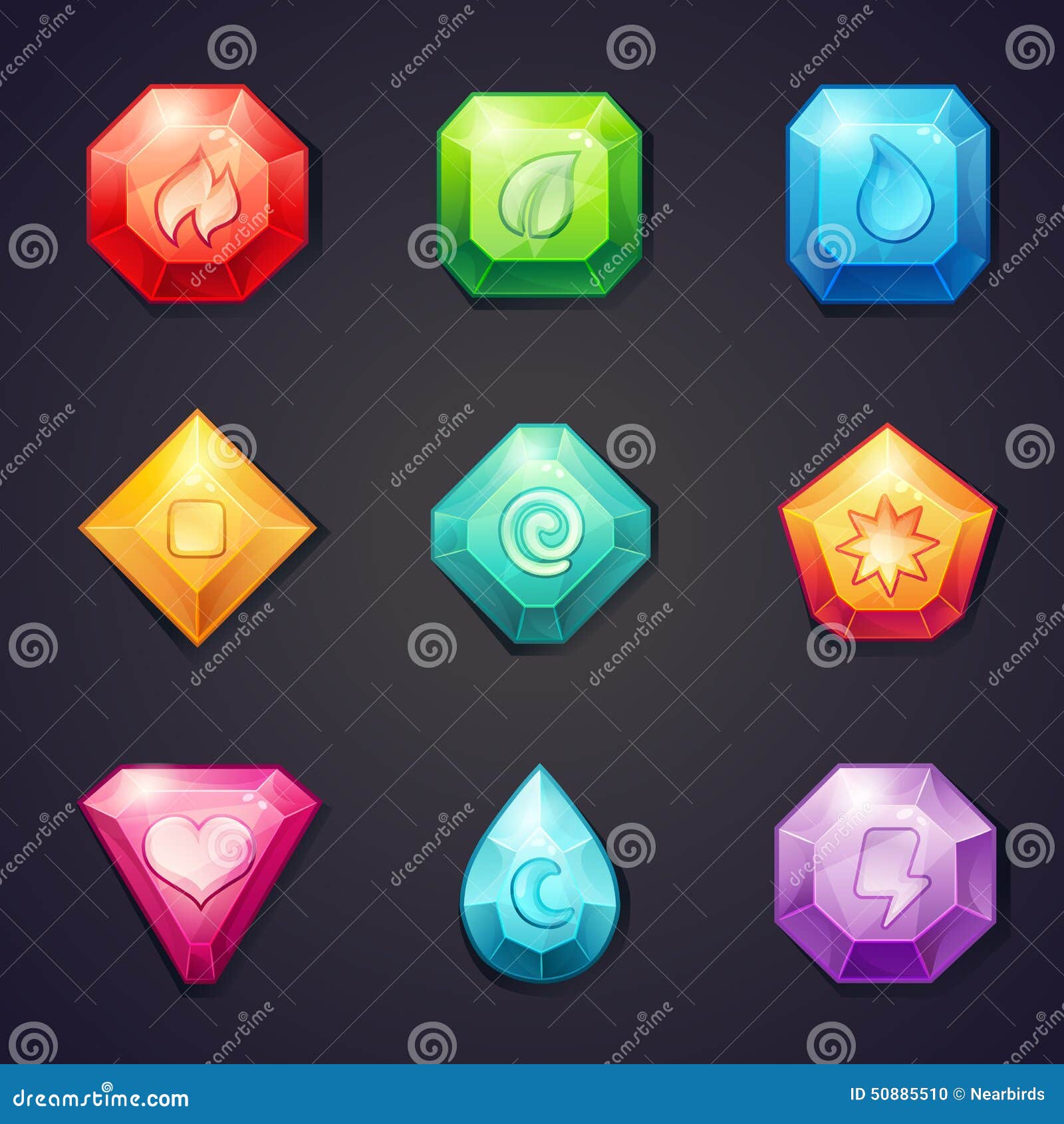 set of cartoon colored stones with different signs  for use in the game, three in a row