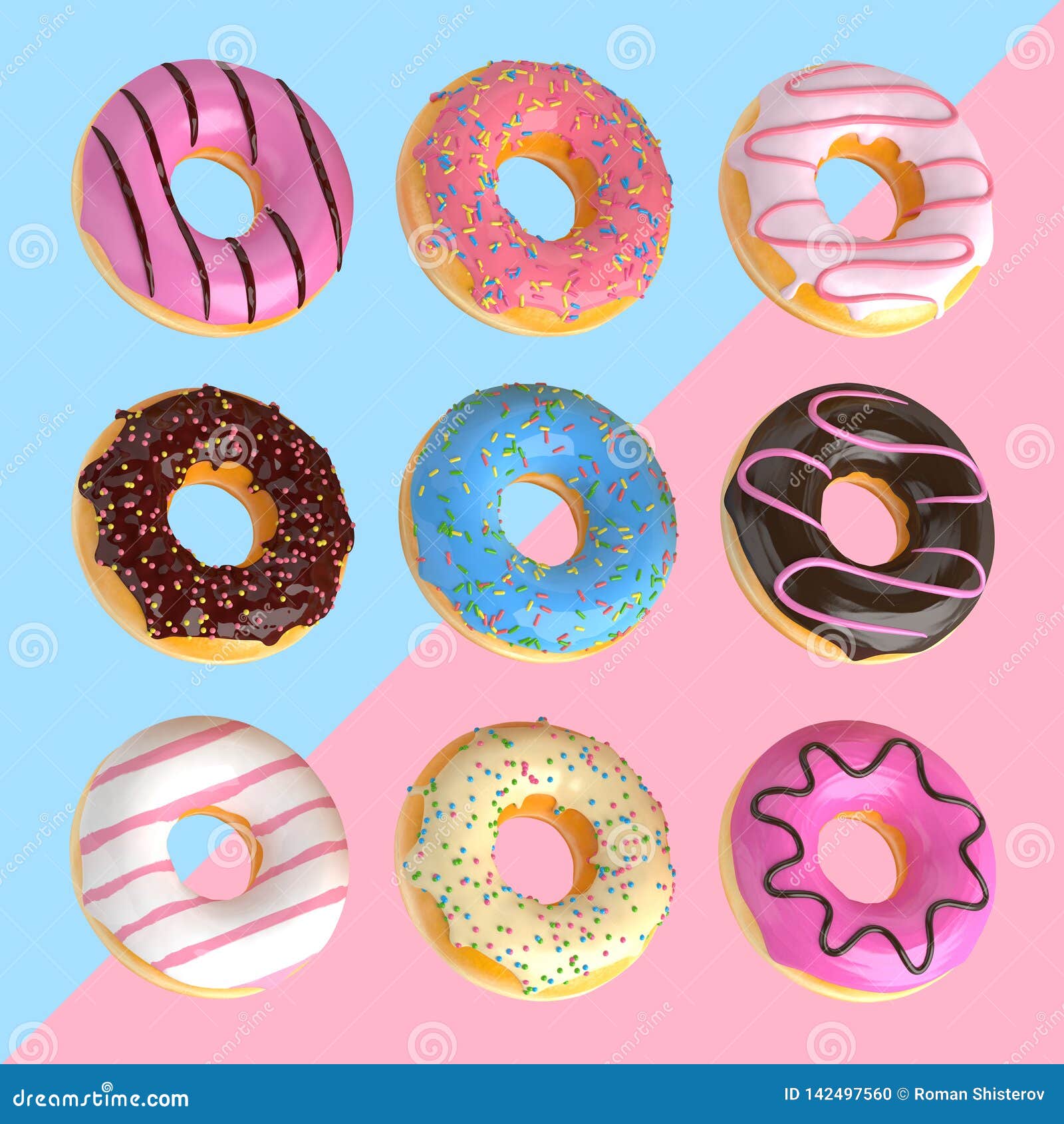 Set of Cartoon Colorful Donuts Isolated on Blue and Pink Background. Donuts  Collection into Glaze for Menu Design, Cafe Stock Photo - Image of hole,  bakery: 142497560