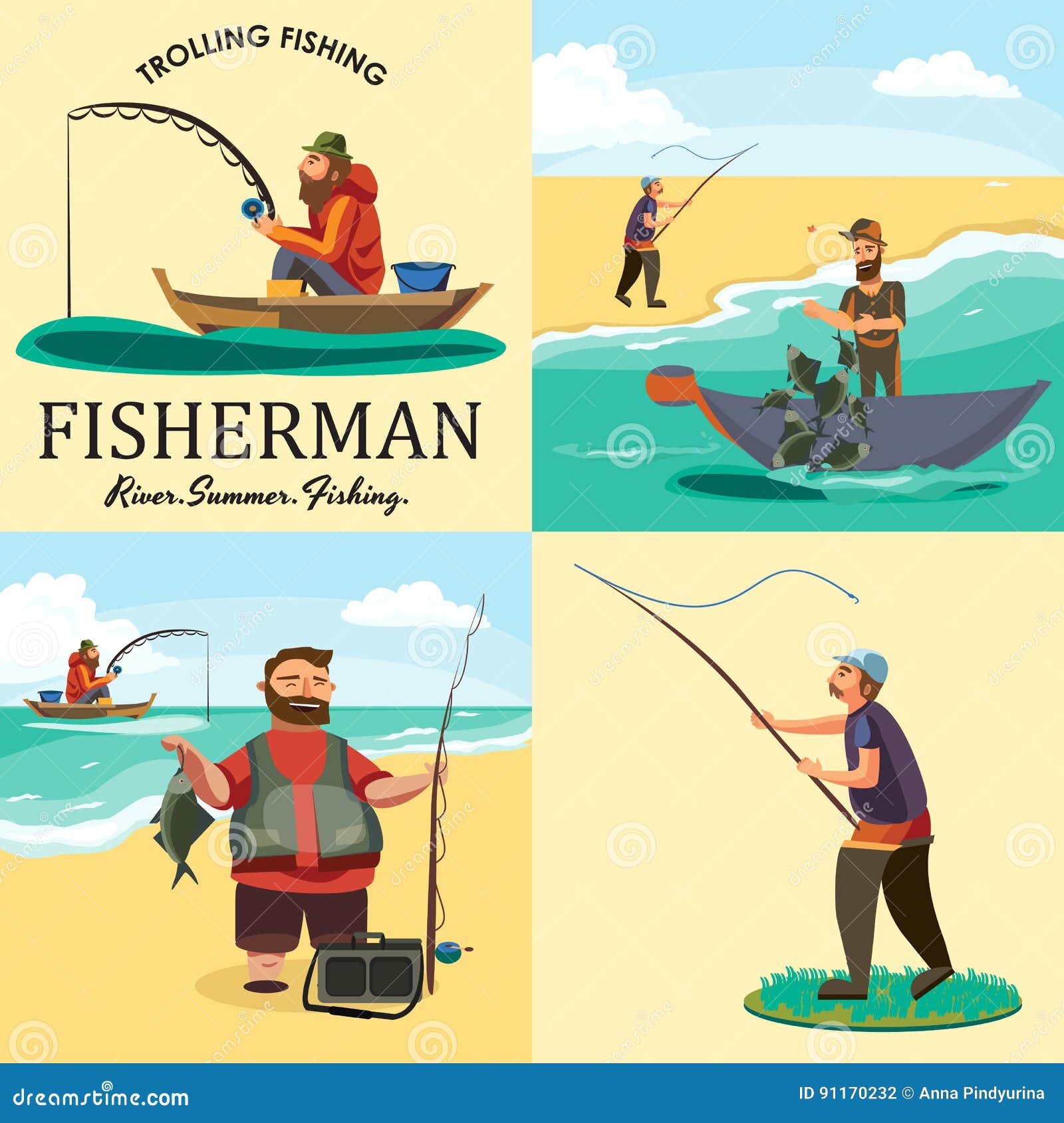 Set Of Cartoon Fisherman Catches Fish Sitting Boat Fisher ...