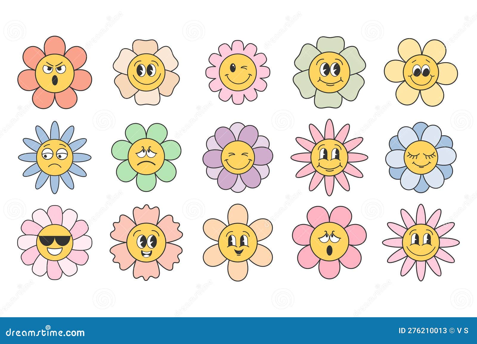 Set of Cartoon Flowers with Different Faces. Set of Cute Funky Hippie ...