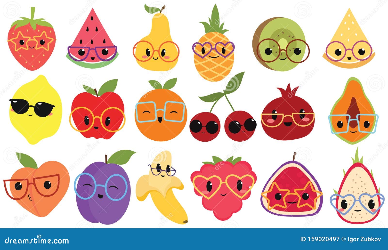 Set of Cartoon Fruits with Glasses. Collection of Cute Fruits with Faces.  Vector Illustration of Vegetable Food for Stock Vector - Illustration of  berry, character: 159020497